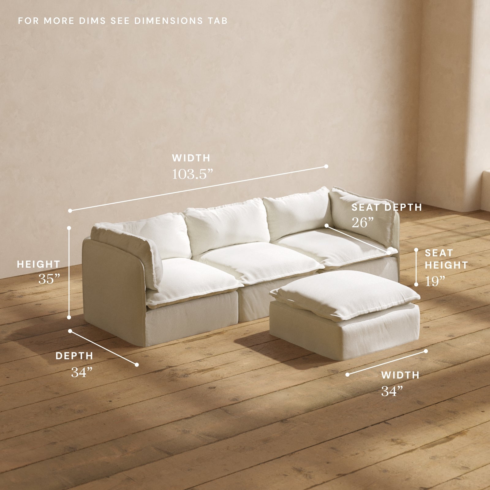 Premium Modular Performance 3-Seater Sofa with Ottoman in Eggshell White | Luxury Blend Fabric | Perfect for Living Room, Lounge & Home Theater Seating