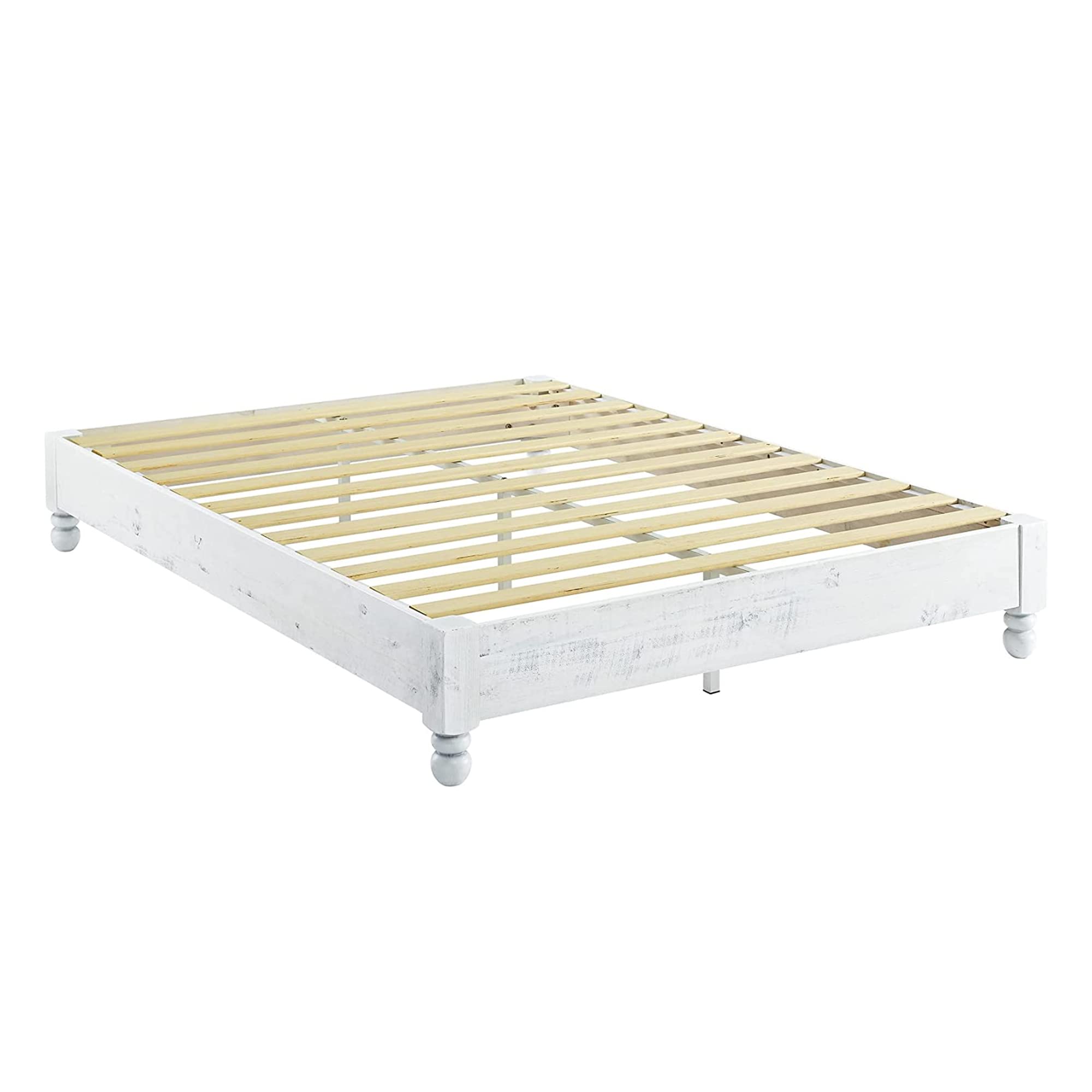 Solid Wood Platform Bed Frame - Rustic Full Size, White Washed Finish for Bedroom