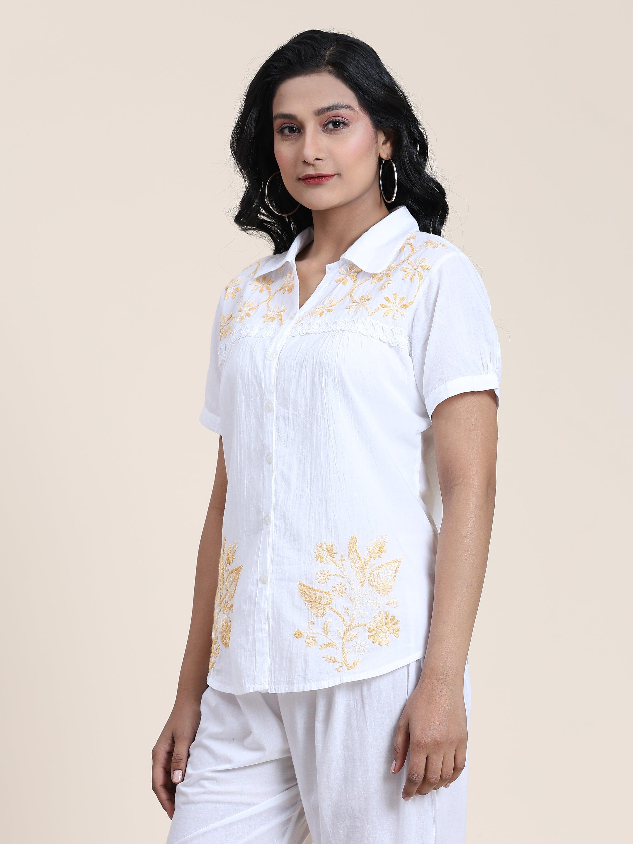 Hand Embroidered Chikankari Tunic in White & Beige | Elegant Ethnic Top for Women | Perfect for Festivals, Weddings & Casual Wear
