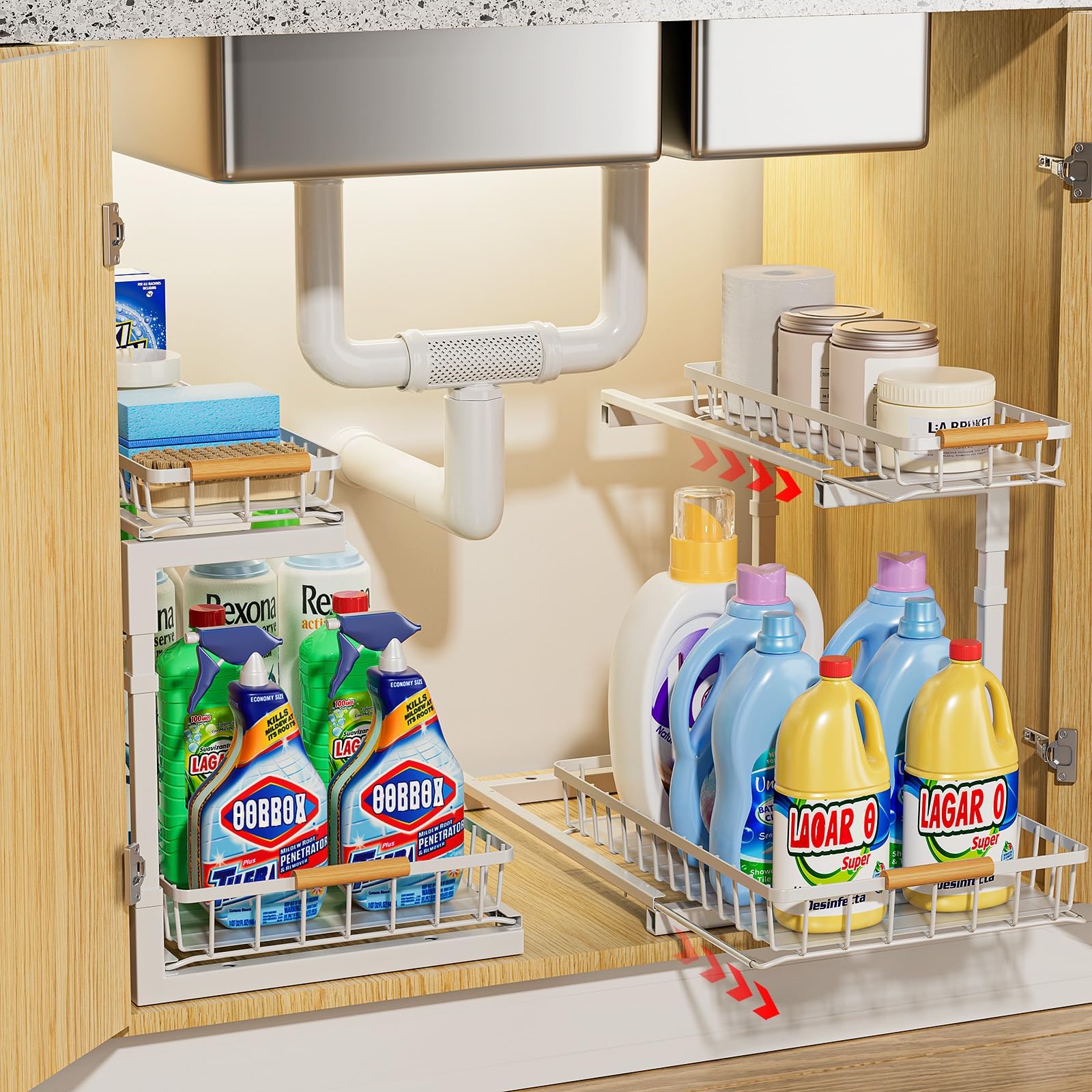 **Delamu 2-Tier Pull Out Under Sink Organizer - 2 Pack Slide Out Cabinet Storage Shelf for Kitchen, Bathroom & Pantry - Perfect for Spice Racks, Cleaning Supplies & Toiletries**