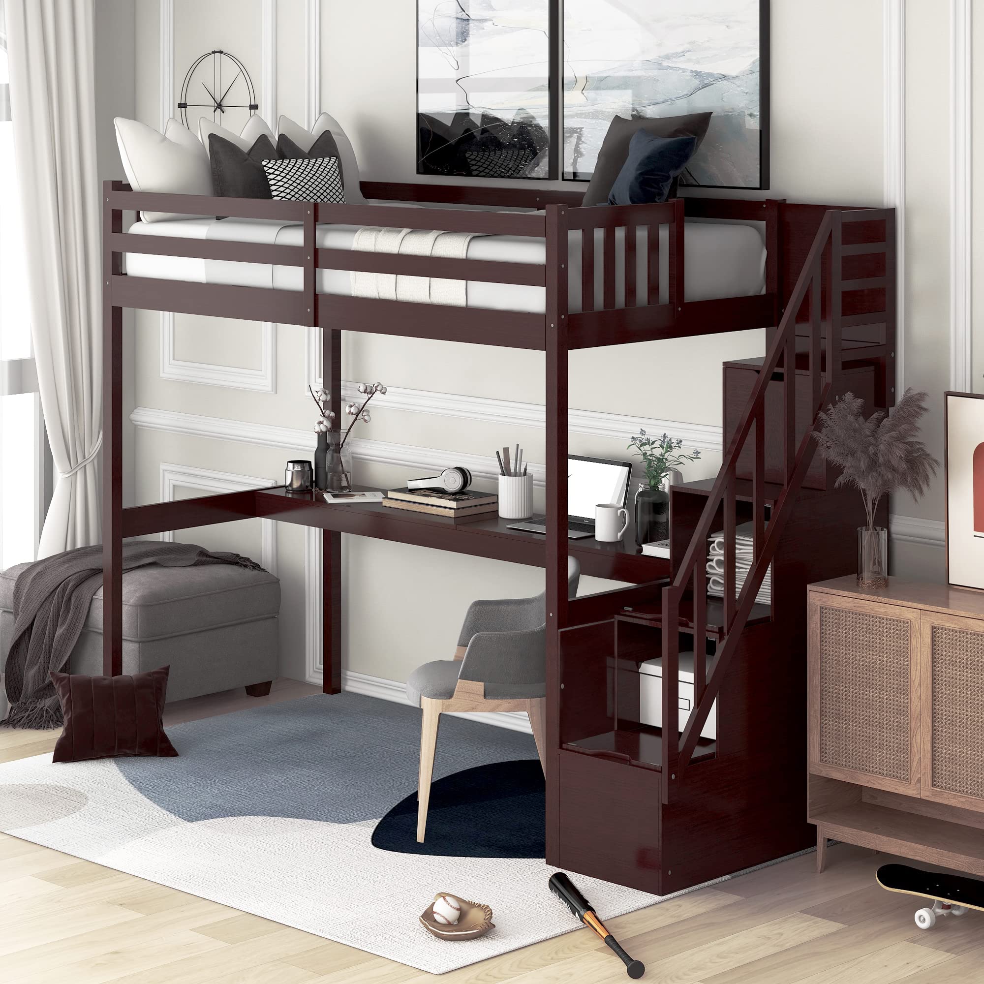 MOEO Twin Size Loft Bed with Desk & Staircase Storage - Solid Wood Bed Frame for Kids, Teens & Adults - No Box Spring Needed - Espresso Finish - Perfect for Small Bedrooms, Dorm Rooms & Space-Saving Kids Rooms