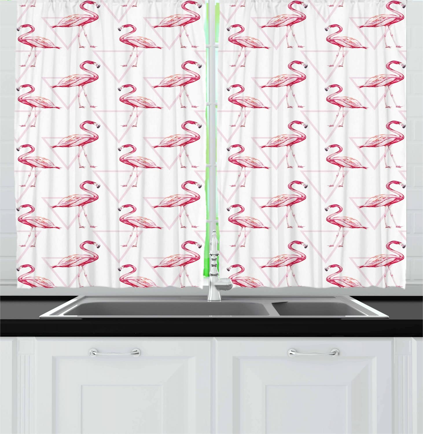 Ambesonne Flamingo Print Long Kitchen Curtains - Realistic Animal Drawing with Geometric Pink Triangle Design - 2 Panel Rod Pocket Drapes for Windows 55