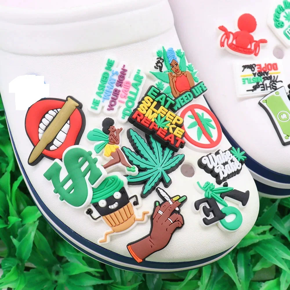 24Pcs PVC Shoe Charms for Clogs & Slippers - Tanker, Weed Life, Hand, Woman, Love Lips, Money & Coffee Designs - Fun Shoe Accessories for Women & Girls - Perfect for DIY Decor, Parties & Gifts