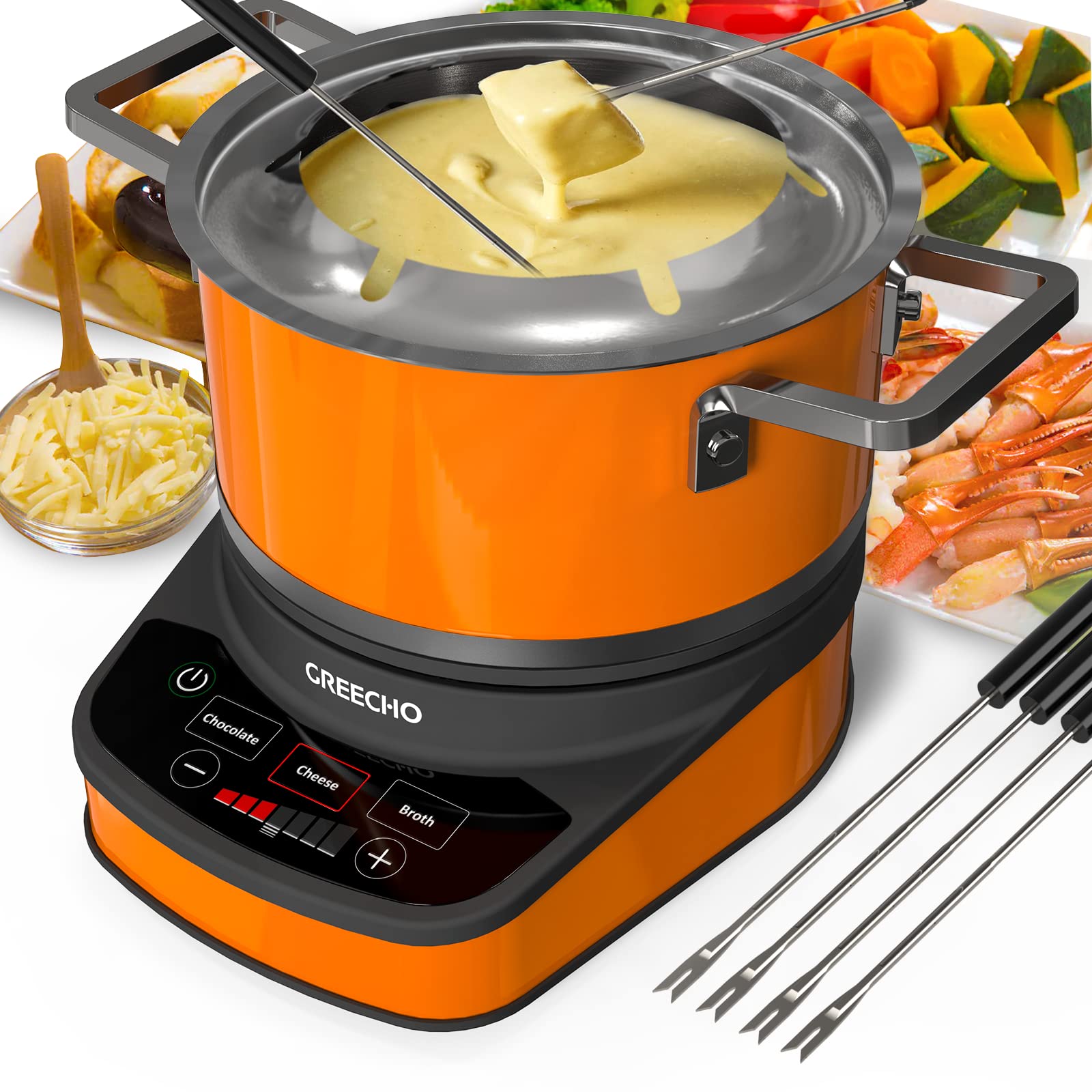 GREECHO Electric Fondue Pot Set - 2.6 Qt Stainless Steel with 3 Preset Modes (Cheese, Chocolate, Broth), 1200W, Includes Removable Pot & 6 Color-Coded Forks in Orange - Perfect for Parties, Family Gatherings & Romantic Dinners