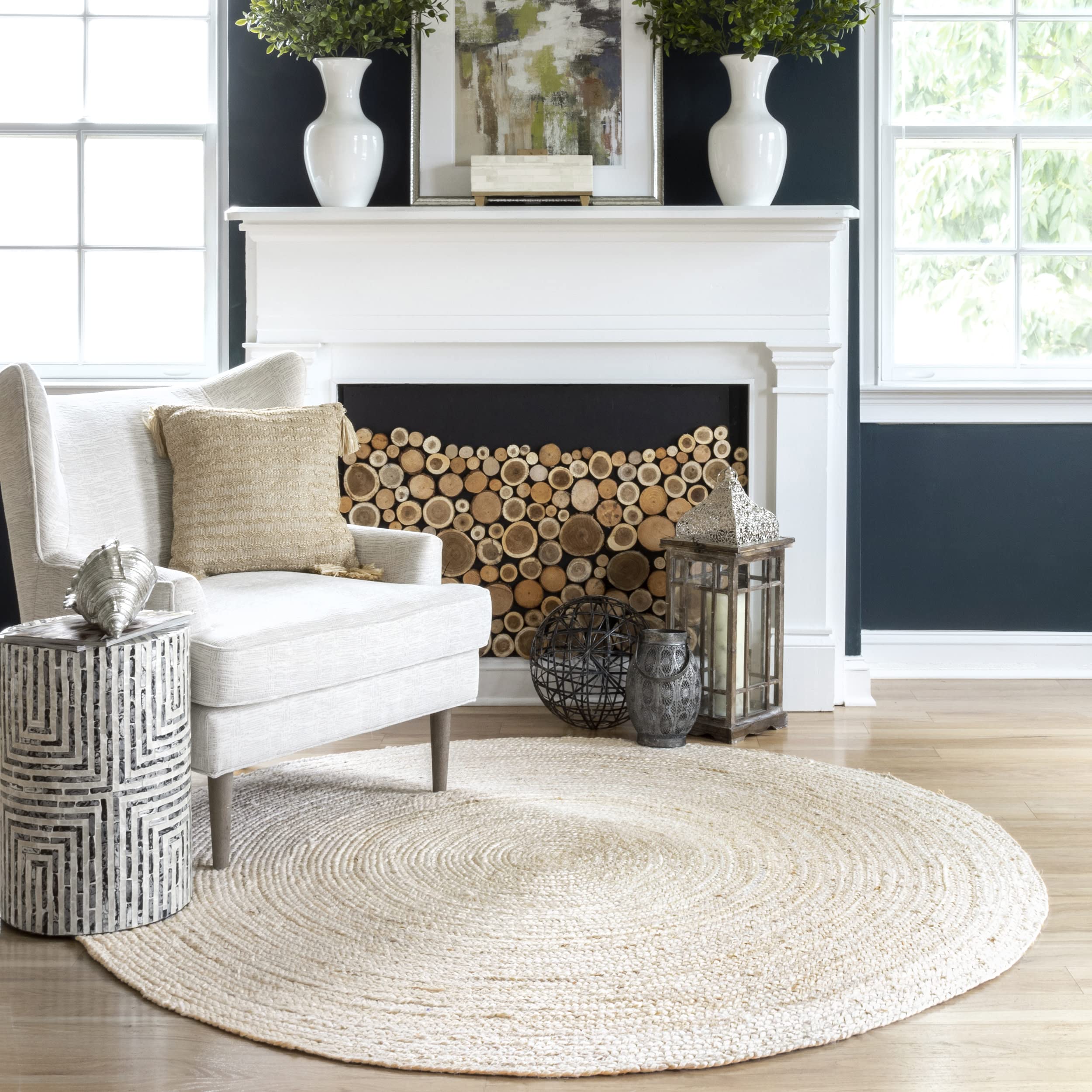 nuLOOM 8' Round Rigo Jute Hand Woven Natural Fiber Area Rug - Off White Solid Farmhouse Design for Bedroom, Living Room, Dining Room | Eco-Friendly Home Decor for Boho, Coastal & Rustic Interiors