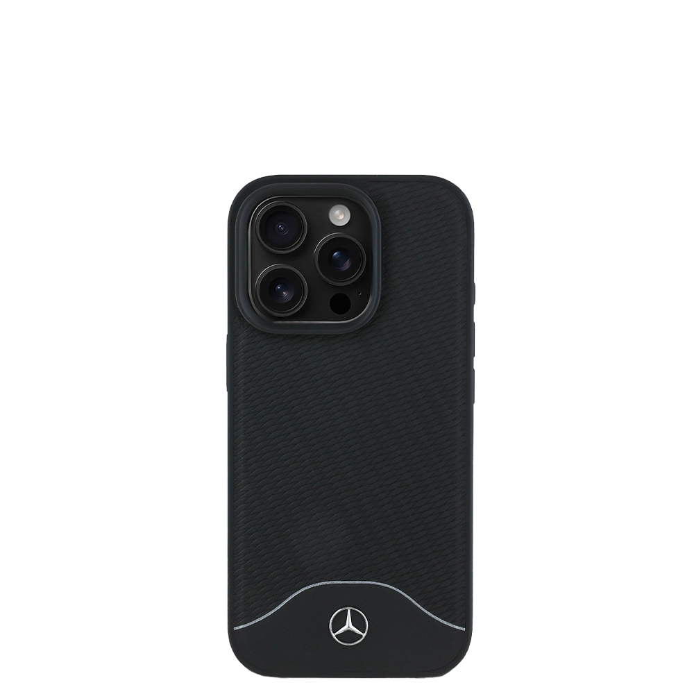 Premium Mercedes Benz MagSafe Case for iPhone 16 Pro - Genuine Black Leather with Grey Racing Stripe | Slim Protective Cover for Everyday Use & Luxury Style