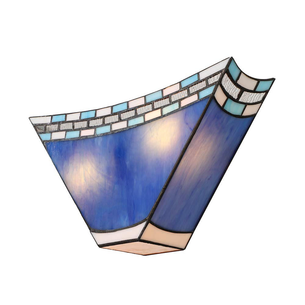 LITFAD 8 Inch Blue Geometric Stained Glass Tiffany Wall Sconce - Two-Light Hallway Fixture for Bedroom, Hotel & Restaurant Decor - Perfect for Ambient Lighting in Corridors, Entryways and Dining Areas