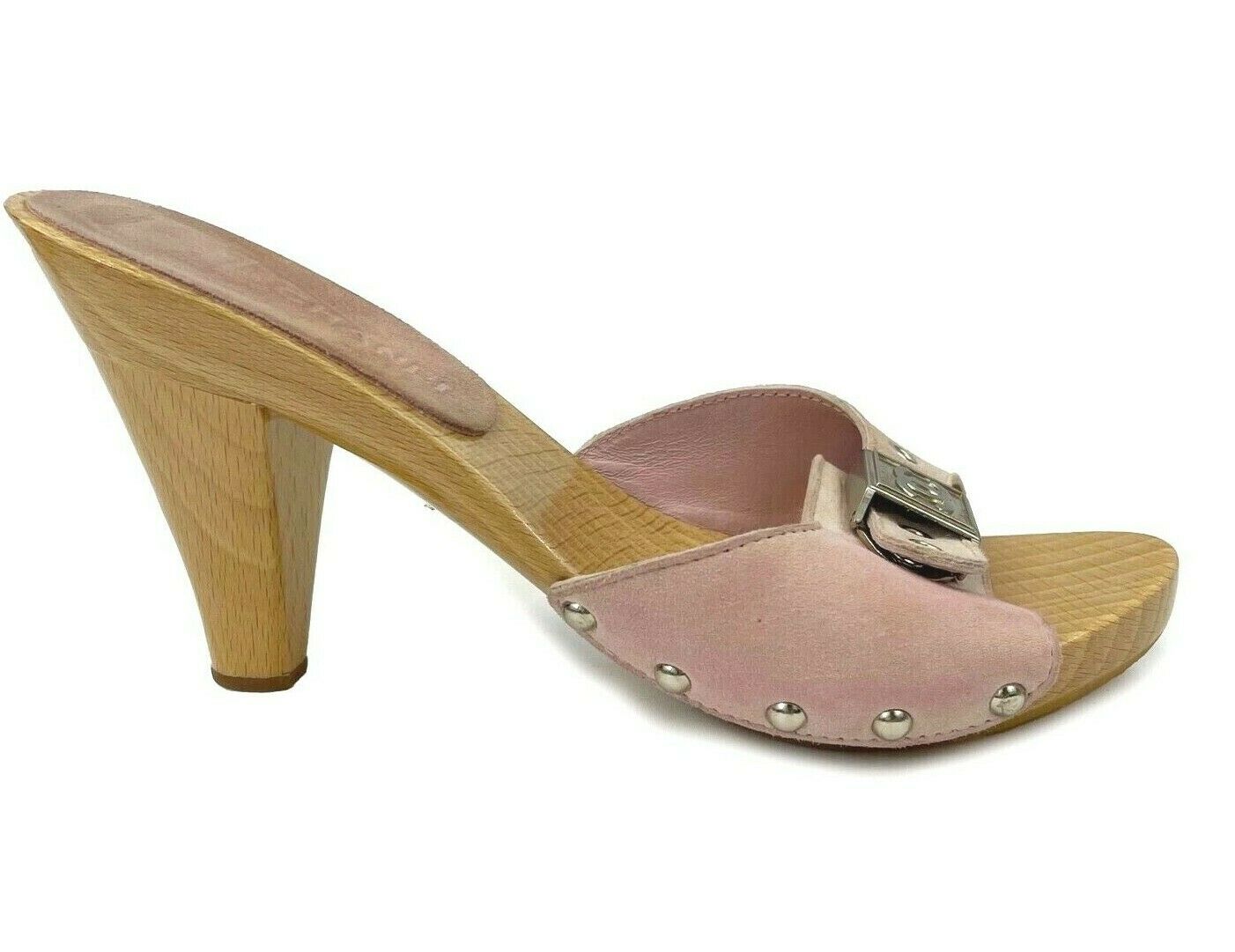 Chanel Pink Suede CC Logo Buckle Wood Slide Heels Sandals - Women's Size 35 US 5 | Summer Weddings, Beach Vacations & Casual Outings