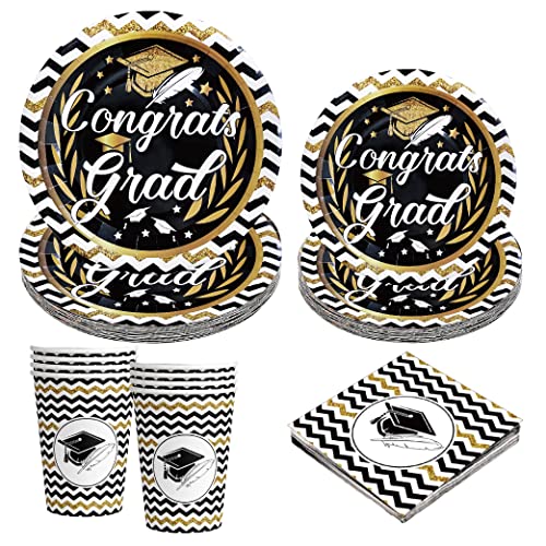 KatchOn 2025 Graduation Party Plates & Napkins Set - 44-Pack Black & Gold Congrats Grad Decorations for Commencement Celebrations | Perfect for Graduation Ceremonies, Open Houses & Senior Parties