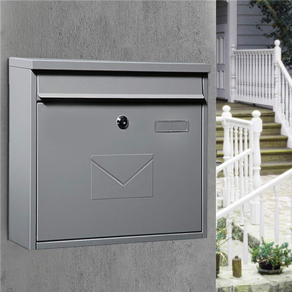Zenggp Large Wall Mounted Steel Post Box with Lock - Outdoor Weatherproof Mailbox for Letters & Packages - Grey - Perfect for Home, Apartment & Office Security