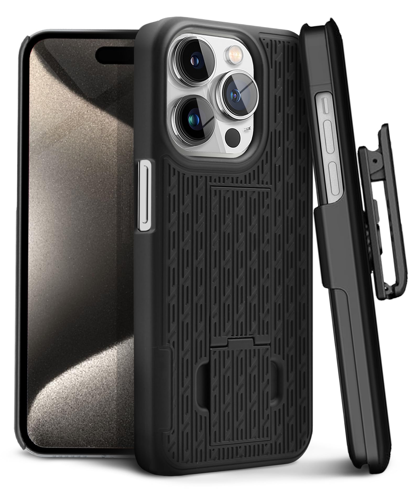 **MOTIVE Rugged iPhone 15 Pro Max Case with Belt Clip & Kickstand – Slim Shockproof Protective Cover for 6.7