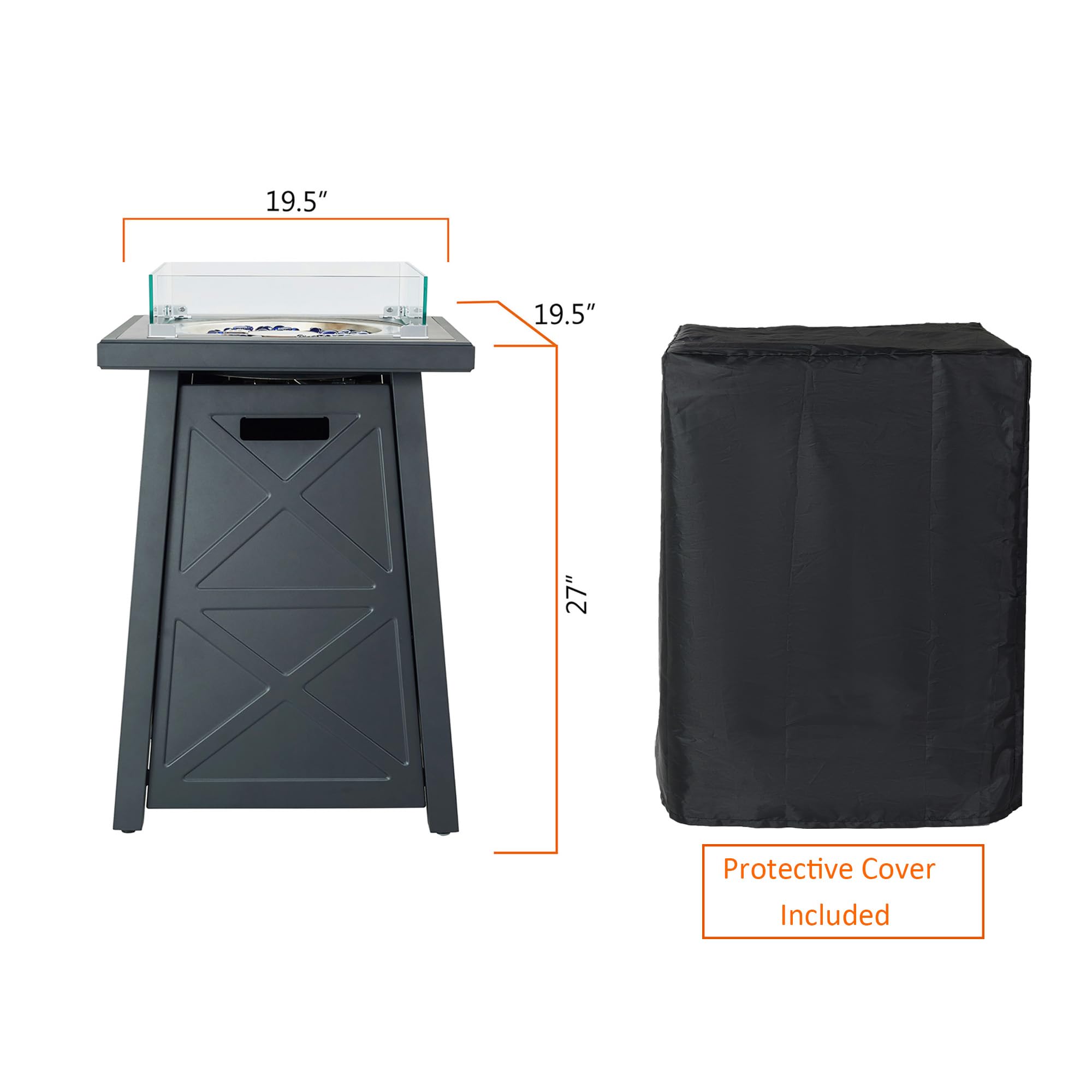 19.5 Inch Steel Outdoor Gas Fire Pit - 40,000 BTU Modern Patio Fireplace with Glass Rocks, Cover & Wind Guard - Perfect for Backyard, Deck, Garden & Poolside Gatherings