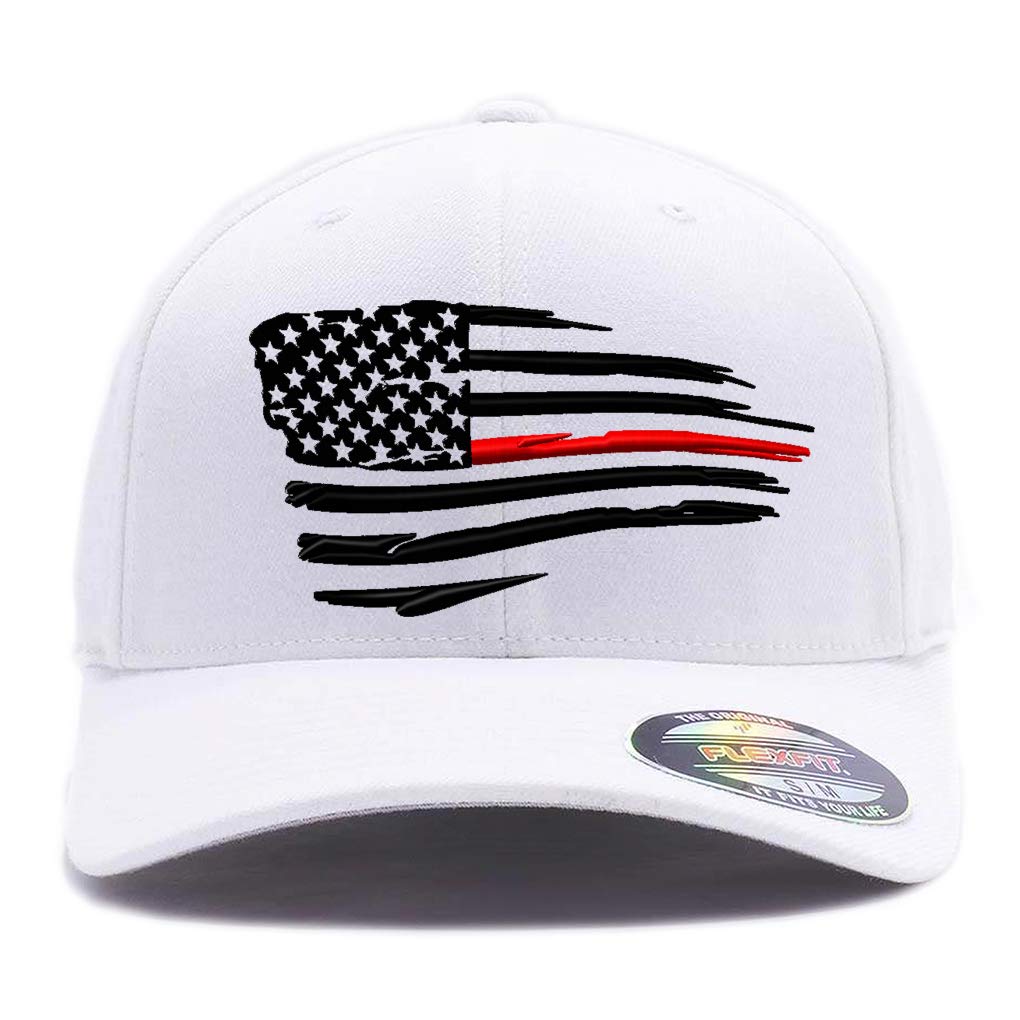 Flexfit Thin Red Line Waving USA Flag Embroidered 6477 Wool Blend Baseball Cap - Patriotic Hat for Firefighters, Police Support & Outdoor Activities