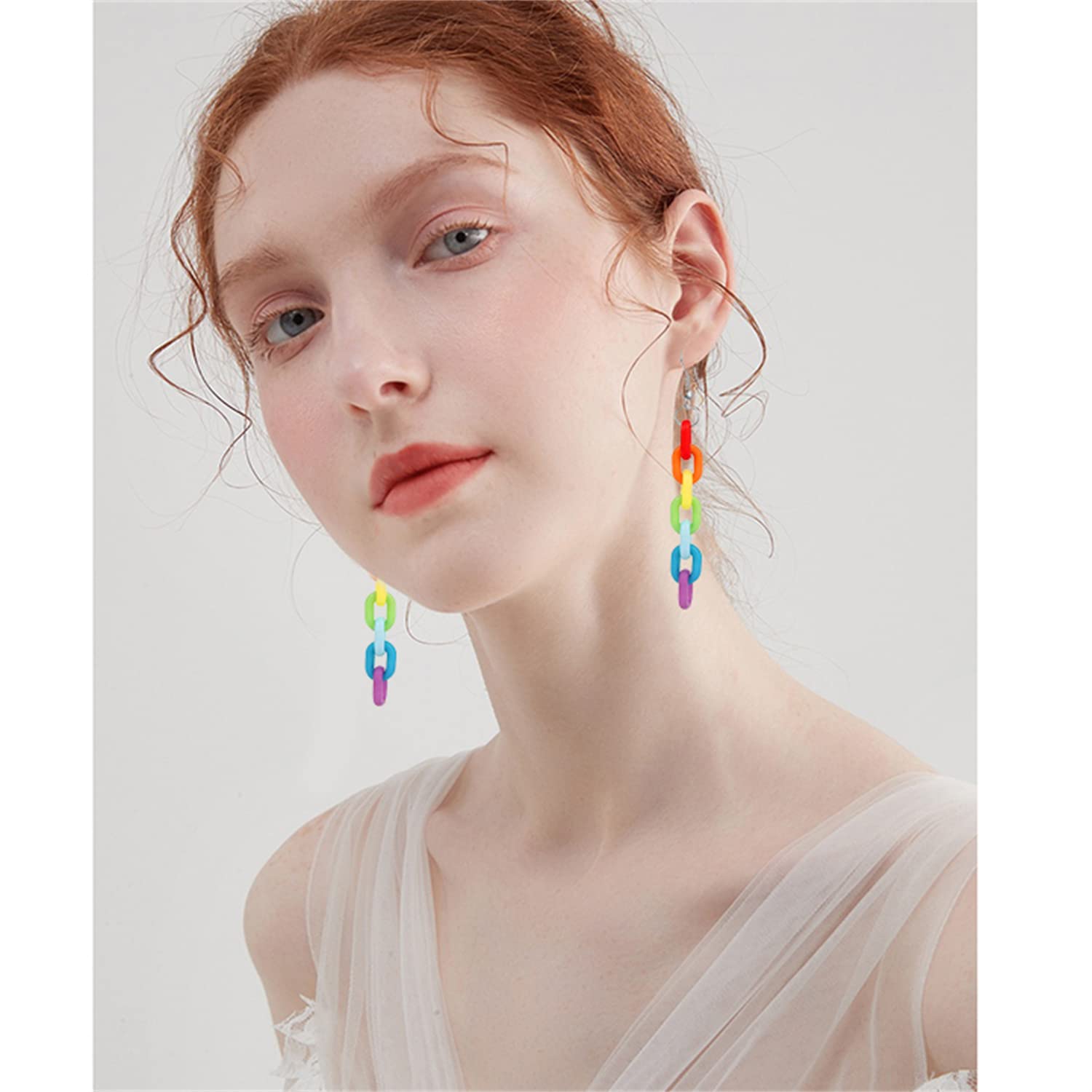 Handmade Lightweight Rainbow Resin Chain Earrings - Colorful Acrylic Dangle Jewelry for Women | Boho Chic, Party & Everyday Wear Accessories