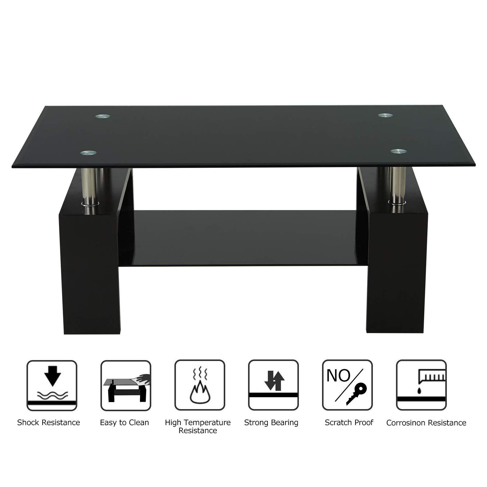 Upgraded Modern Black Glass Top Coffee Table with Storage Shelf - 43 Inch Rectangle Living Room Center Table with Wooden Legs - Perfect for Lounge, Sofa Side Table, and Home Decor