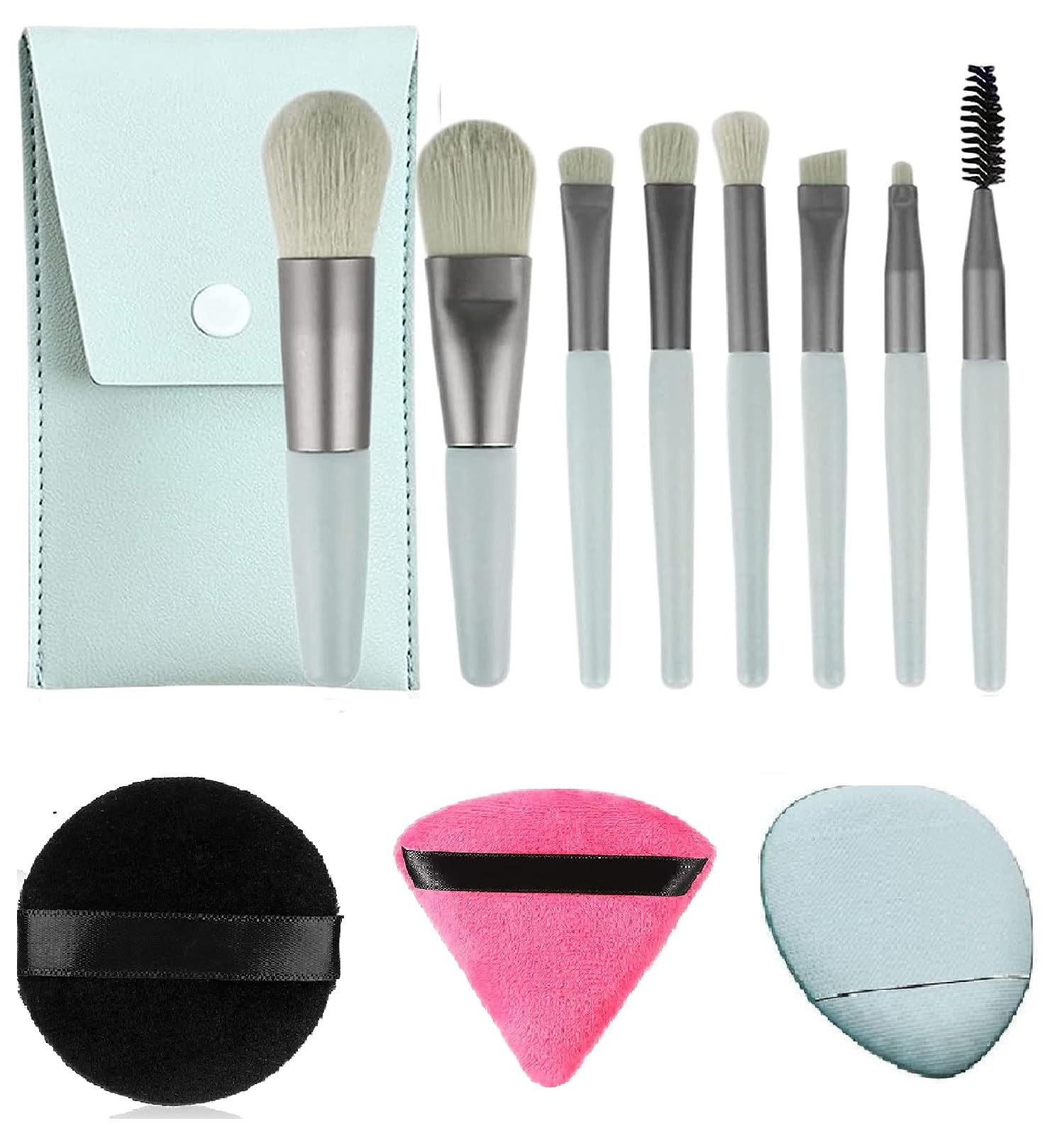 8-Piece Makeup Brush Set with Pouch, Round Powder Puff, Finger Sponge & Triangle Powder Puff - Sky Blue | Professional Cosmetic Brush Kit for Foundation, Blending & Contouring | Perfect for Travel, Daily Makeup & Professional Use