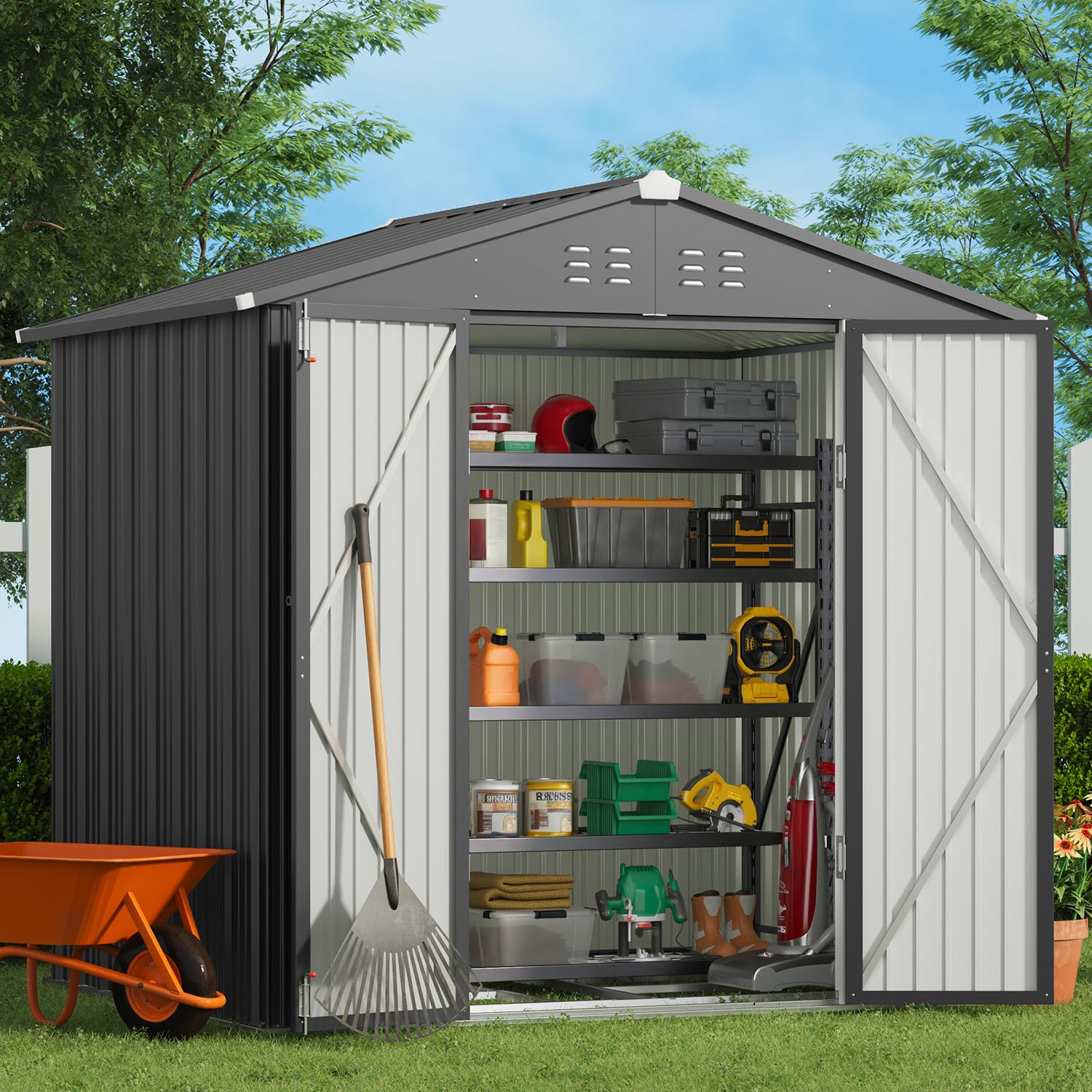 Gizoon 8x6 FT Galvanized Metal Outdoor Storage Shed - Double Lockable Doors, Weatherproof Garden Shed for Backyard, Patio & Lawn Organization (Dark Grey) | Perfect for Storing Tools, Equipment & Seasonal Items
