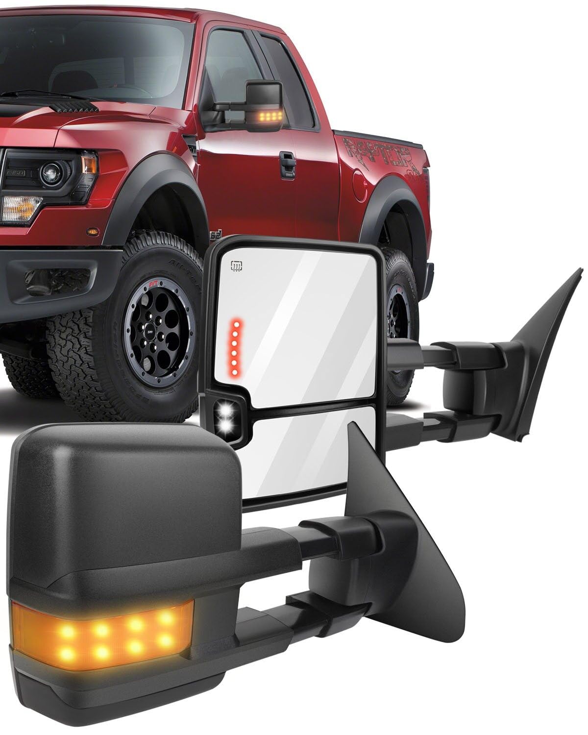 ECCPP Power Heated Towing Mirrors for 2007-2017 Toyota Tundra - Black Housing with LED Turn Signal & Parallel Auxiliary Light (Pair) - Perfect for Truck Towing, Night Driving and Winter Conditions