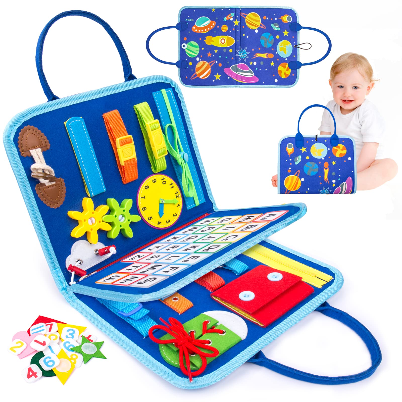 **HONGDDY Busy Board - 20-in-1 Montessori Sensory Toy for Toddlers, Fine Motor Skills Learning Activity Board with DIY Page - Travel & Space-Themed Educational Gift for Boys & Girls (Perfect for Airplane, Car Rides & Home Play)**