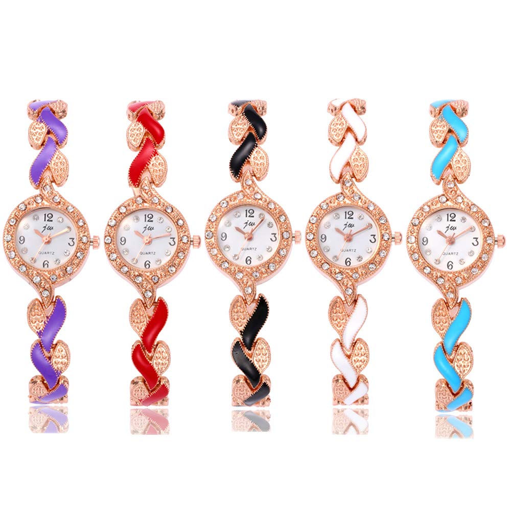 Elegant Crystal Bangle Bracelet Leaf Analog Quartz Watch for Women - 5 Pack Wholesale Wristwatches with Stainless Steel Band | Perfect for Office, Party & Daily Fashion Accessories