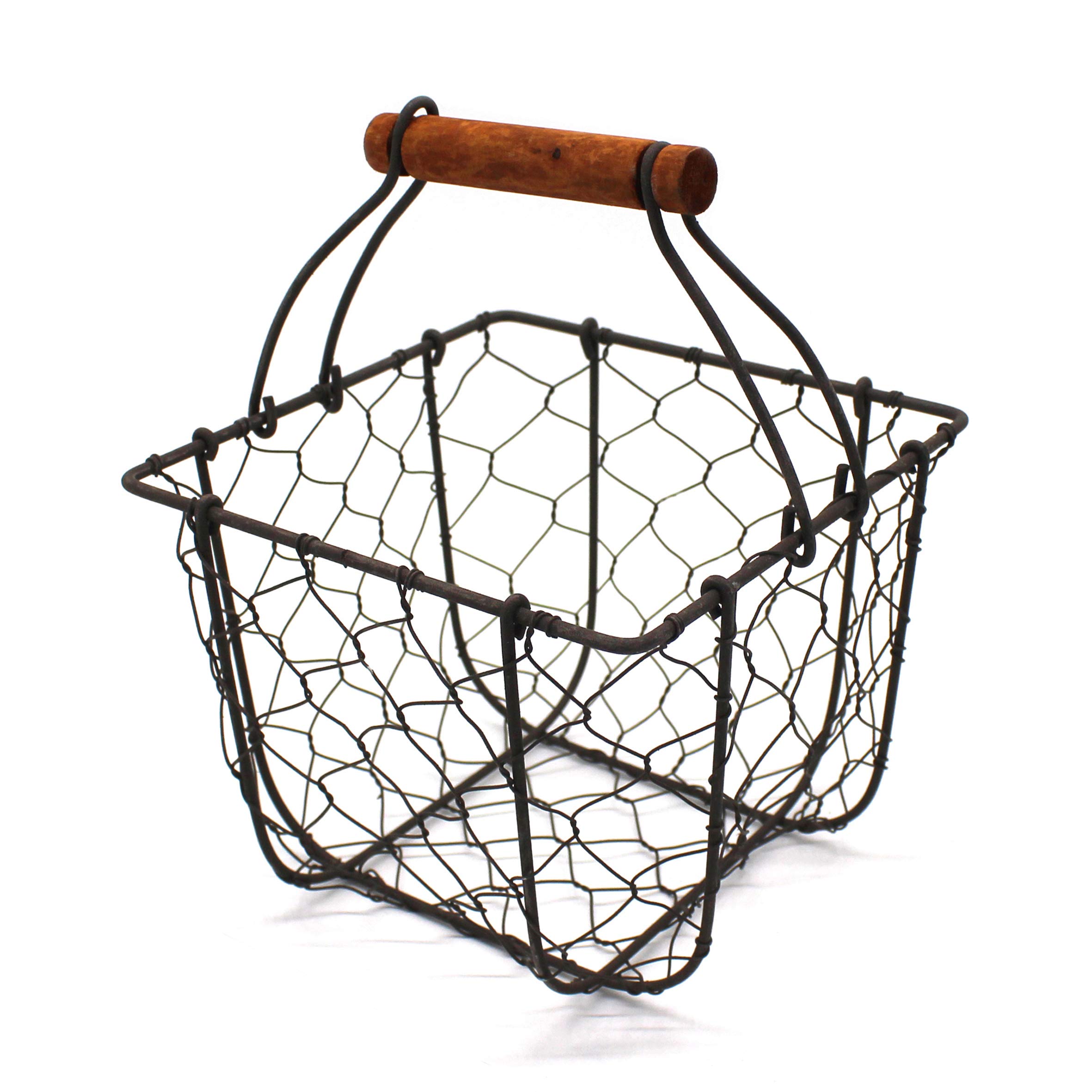 Vintage Rustic Square Chicken Wire Egg Basket with Wooden Handle - Farmhouse Fruit Gathering Basket for Kitchen, Garden & Home Decor | CVHOMEDECO Primitive Storage Organizer