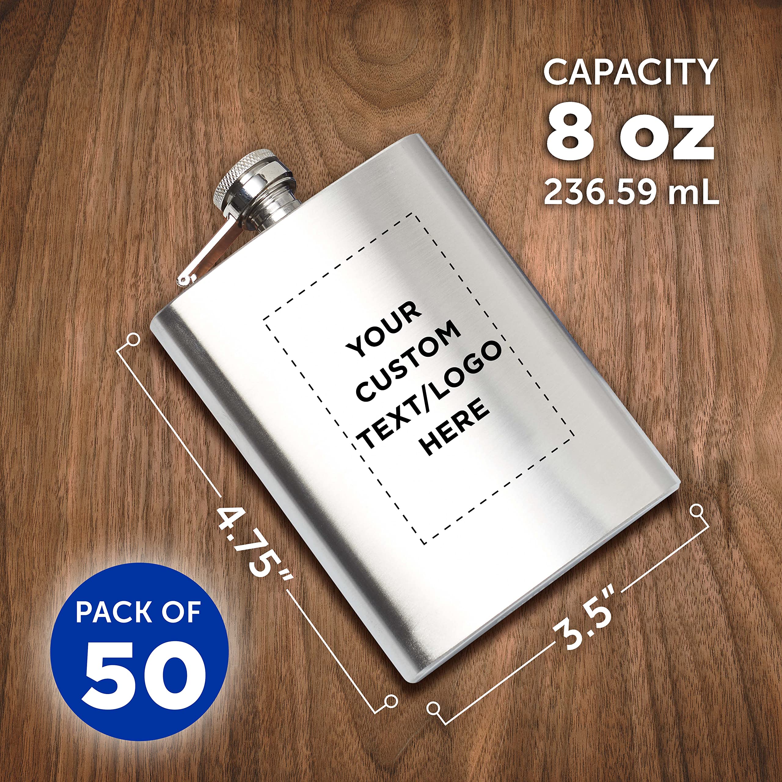 Custom Engraved Stainless Steel Hip Flasks 8oz (50 Pack) - Bulk Personalized Wedding Party Gifts, Groomsmen Presents, Camping & Outdoor Accessories - Silver Finish for Elegant Events & Adventure Trips