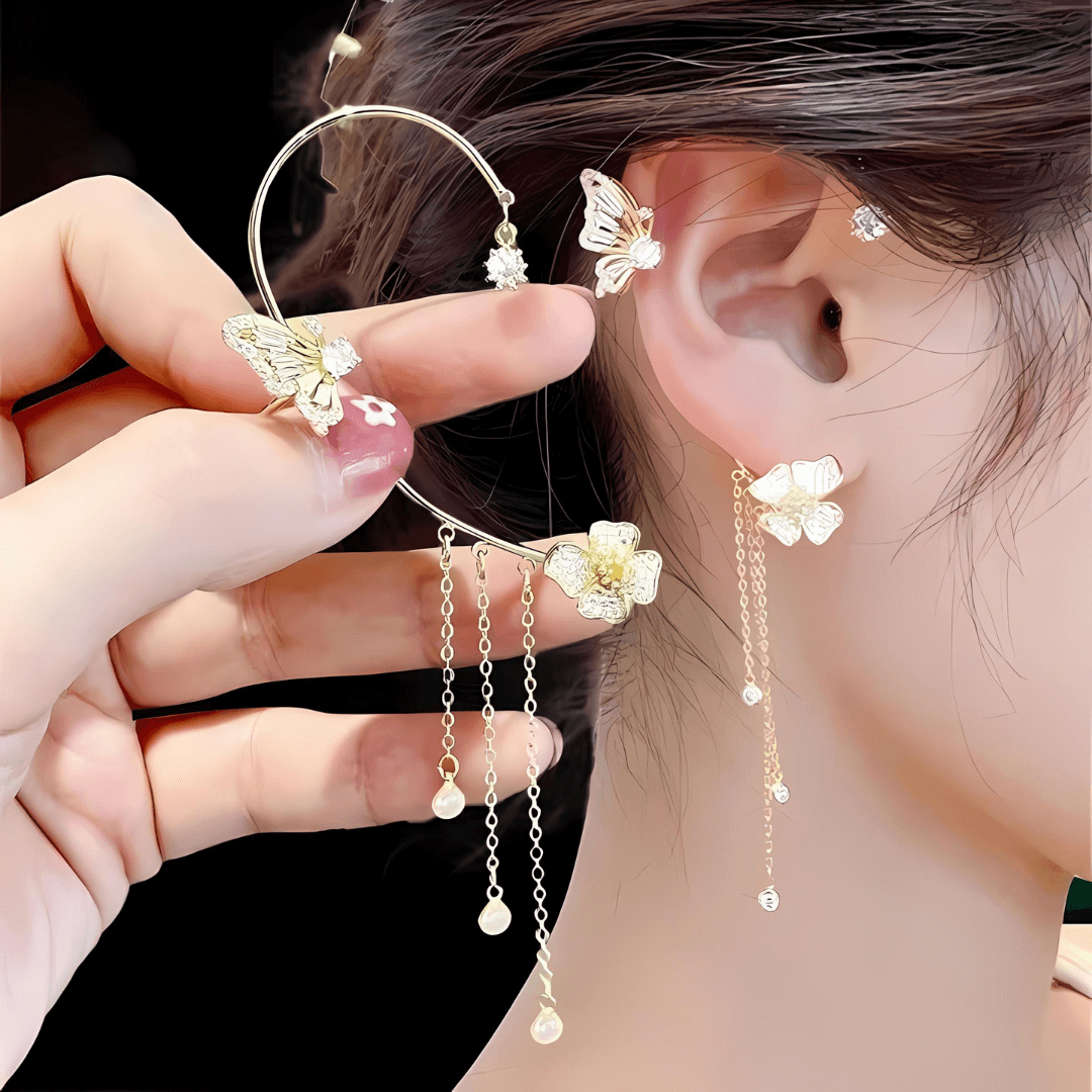 Non-Pierced Butterfly Tassel Elf Ear Clip Rose Wrap Climber Earrings for Women - Boho Festival Accessories | Perfect for Cosplay, Halloween Costumes & Fairy Themed Parties (Style A0148)