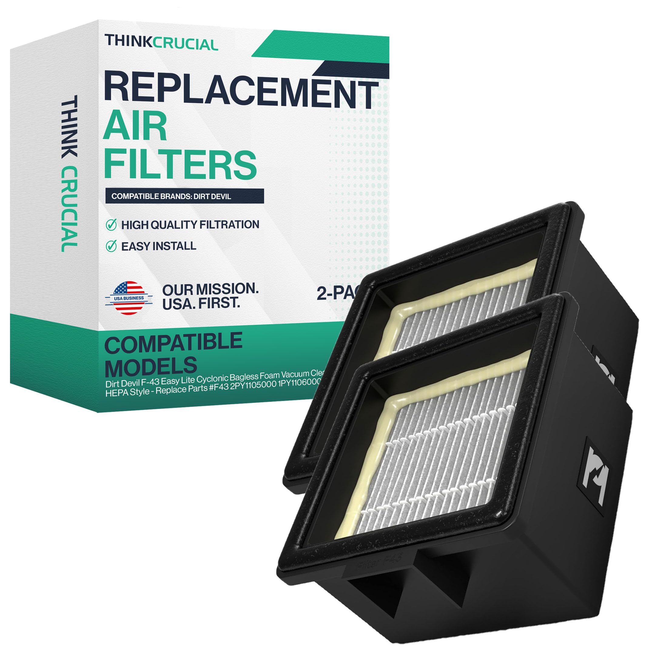 Crucial HEPA Vacuum Filters for Dirt Devil F-43 - 2 Pack for Home Cleaning