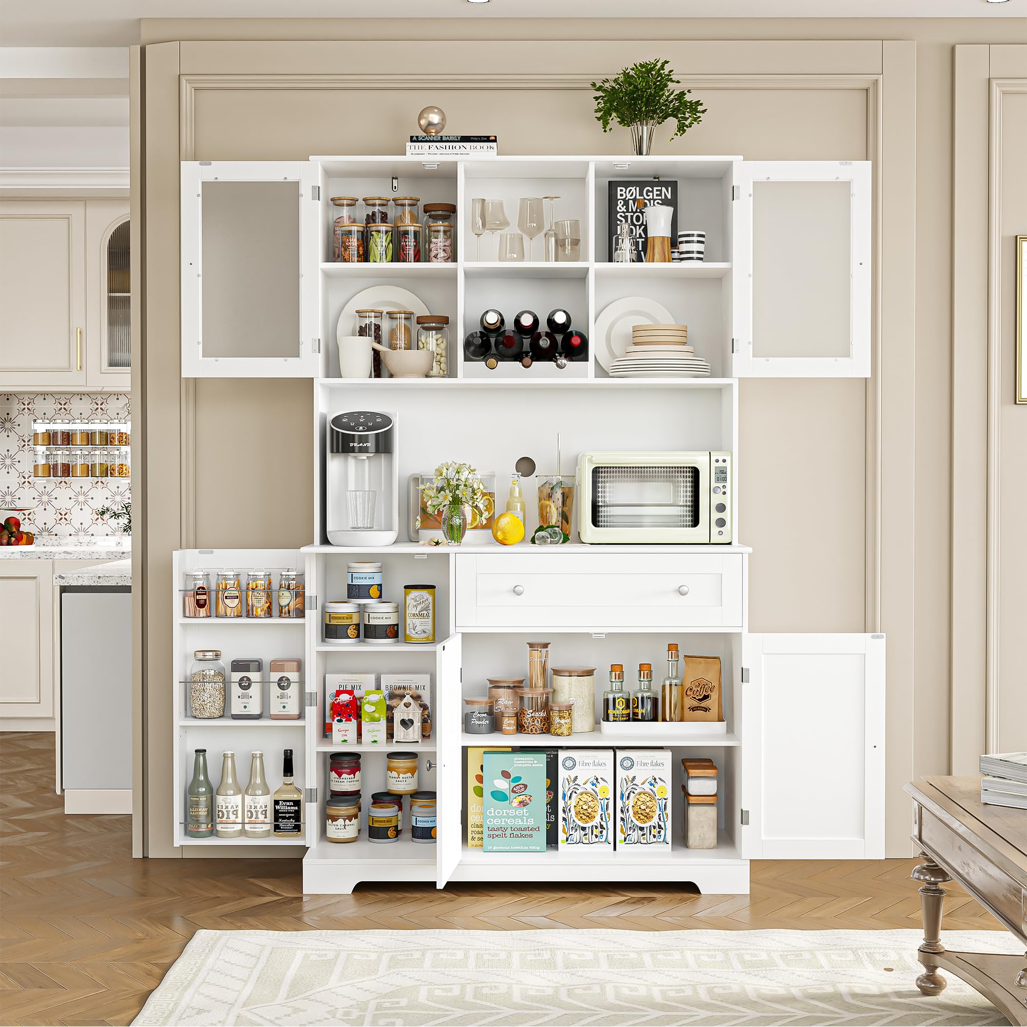 Modern White Kitchen Pantry Storage Cabinet with Hutch & Microwave Stand - Buffet Cabinet with Doors, Shelves & Wine Rack for Dining Room | Perfect for Small Kitchen Organization & Stylish Home Decor