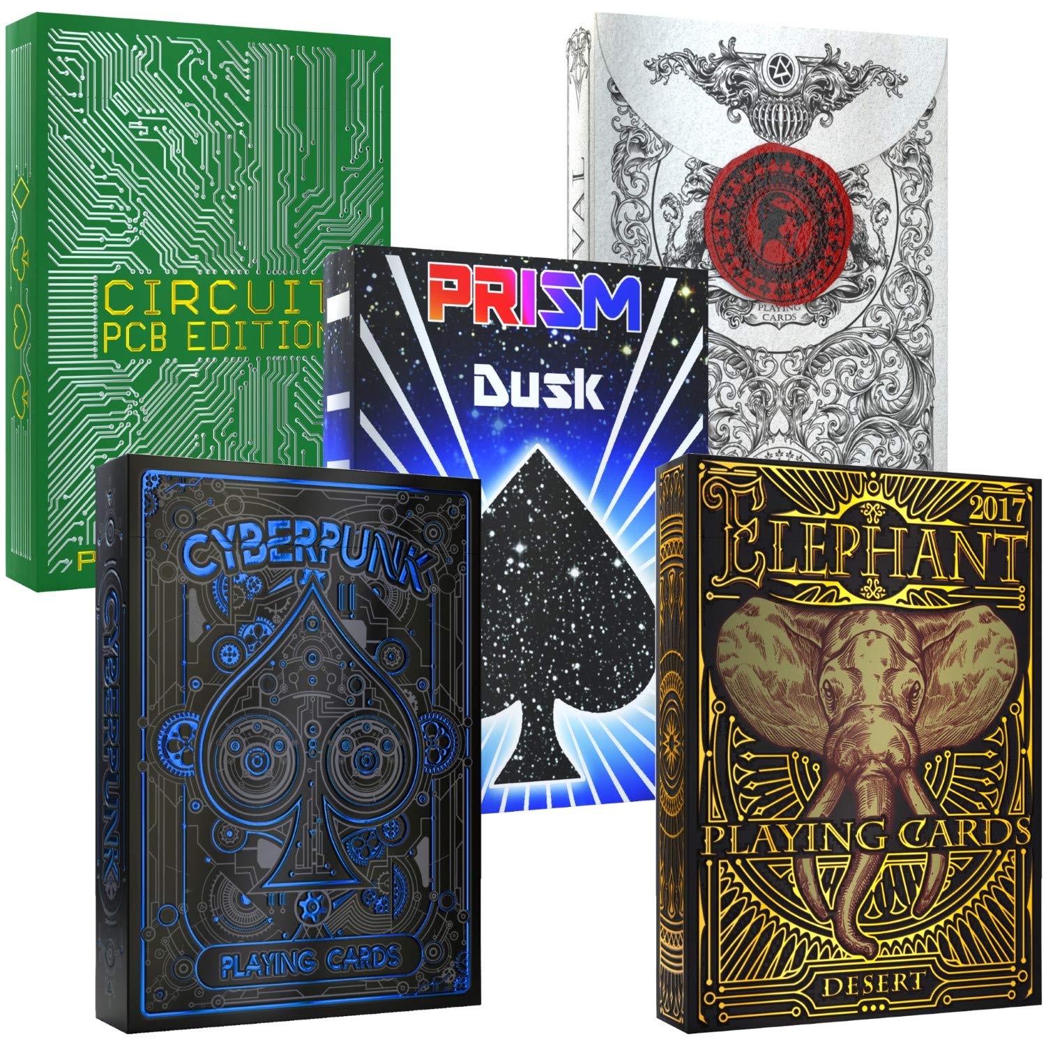 Premium 5-Deck Playing Cards Bundle - Elephant Desert, Cyberpunk Blue, Prism Dusk, Medieval Black & Circuit PCB Designs | High-Quality Poker Cards for Magic Tricks, Cardistry, Poker Nights & Casino Games | Save 20% on Stylish Card Decks Collection