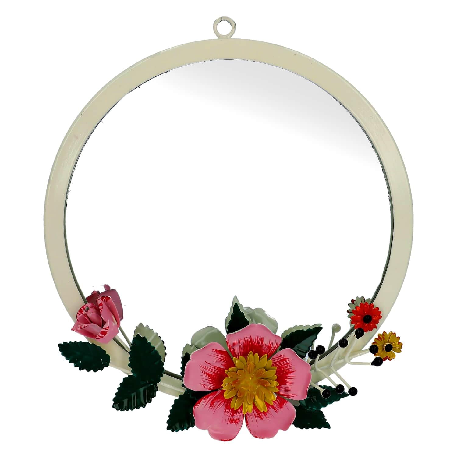 Handmade Hand-Painted Floral Wall Mirror - Elegant Hanging Decor for Bedroom, Living Room, Dresser & Entryway | Off-White Iron Frame | Perfect Housewarming & Birthday Gift | Enhance Your Home Decor with Vintage Charm