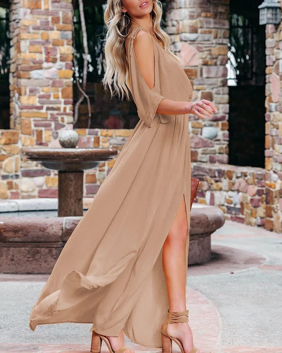DEEP SELF Women's Summer V-Neck Cold Shoulder Short Sleeve Maxi Dress - High Waist Split Long Dress for Wedding Guest, Beach Party & Date Night