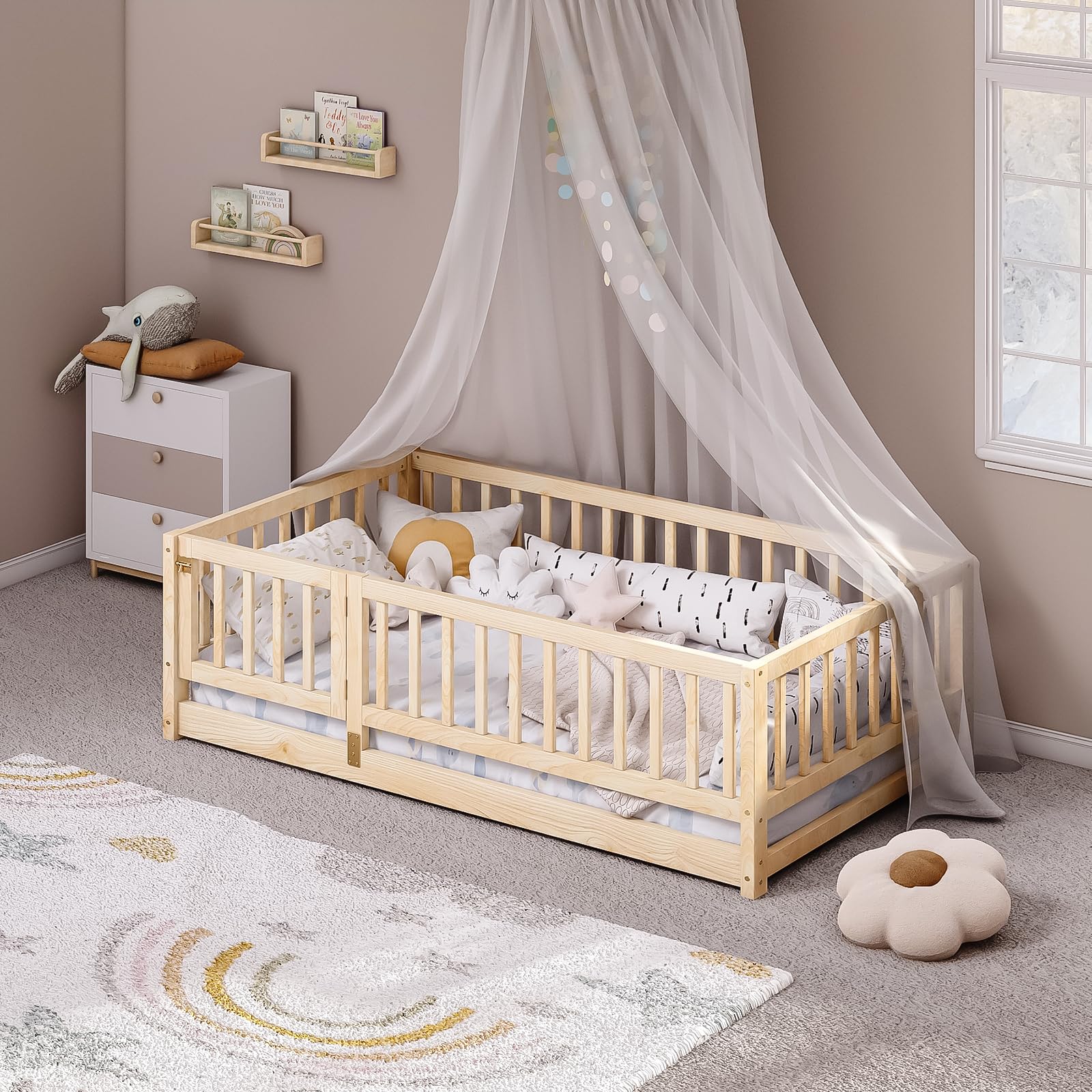 Tatub Twin Floor Bed with High Safety Rails & Slats - Natural Solid Wood Montessori Bed Frame for Kids - Toddler Floor Bed with Door for Boys & Girls - Perfect for Montessori Rooms, Daycare Centers & Safe Toddler Sleep Spaces