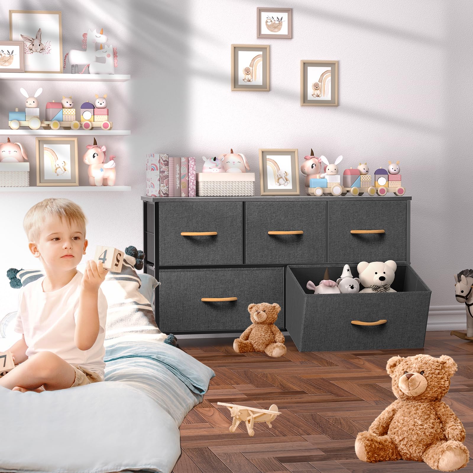 ROMOON 5-Drawer Fabric Dresser for Bedroom - Wide Storage Organizer with Drawers for Clothes, Toys & Accessories | Perfect for Kids Room, Nursery, Hallway & Small Spaces (Dark Grey)