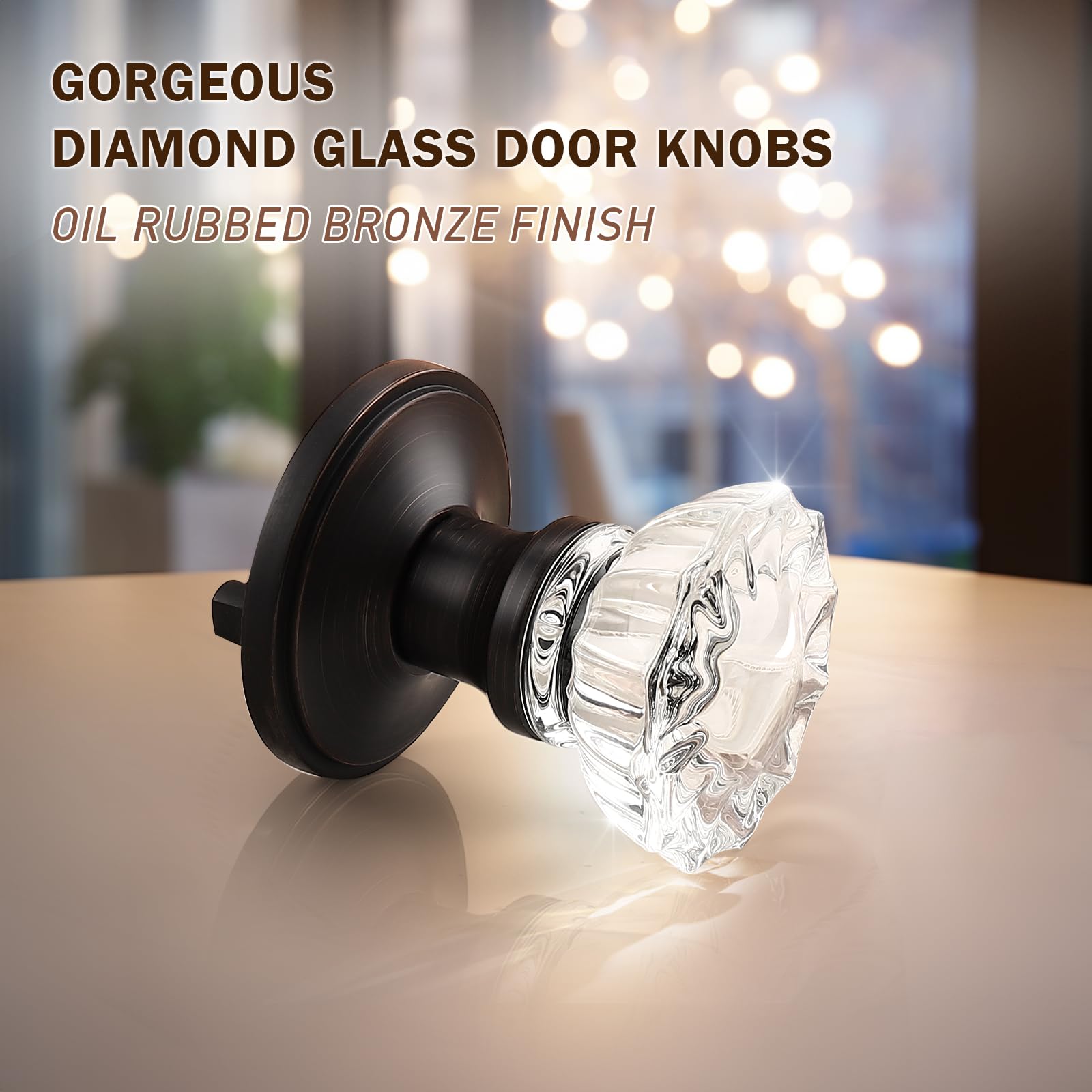 KNOBWELL Single Sided Crystal Glass Door Knob - Oil Rubbed Bronze Finish, Faceted Clear Crystal Rosette for Interior Doors - Perfect for Bedrooms, Bathrooms & Closets