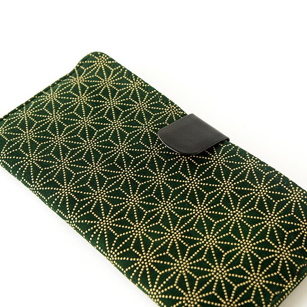 Premium Japanese Deerskin Leather Long Wallet with Urushi Lacquer - Asanoha Hemp Leaf Pattern, Dark Green - Handmade in Japan - Perfect for Gifts, Travel & Everyday Use