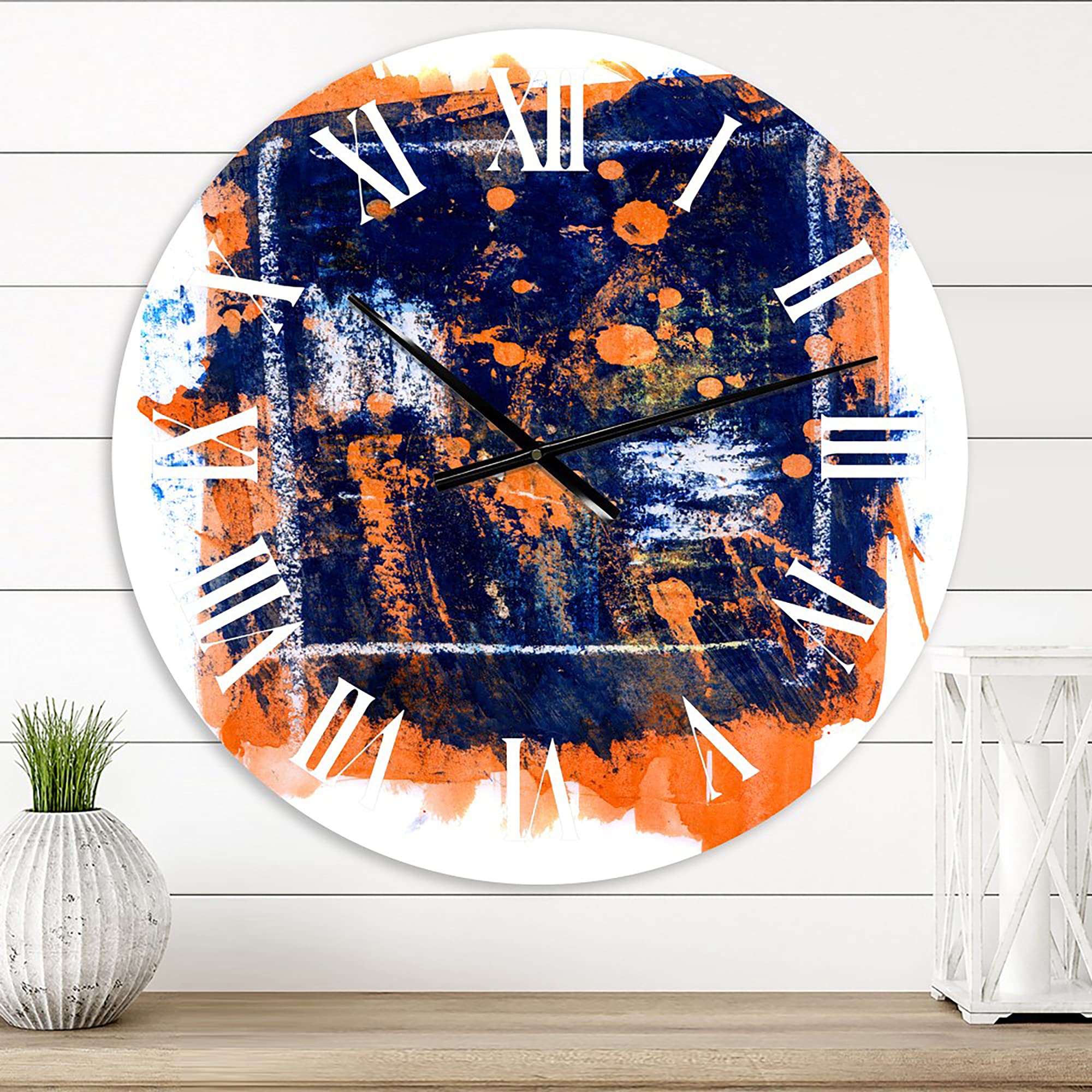 DesignQ Modern Abstract Wall Clock - Orange & Navy Blue Fractal Art, Large Decorative Clock for Bedroom, Living Room, Office | Silent Non-Ticking Home Decor