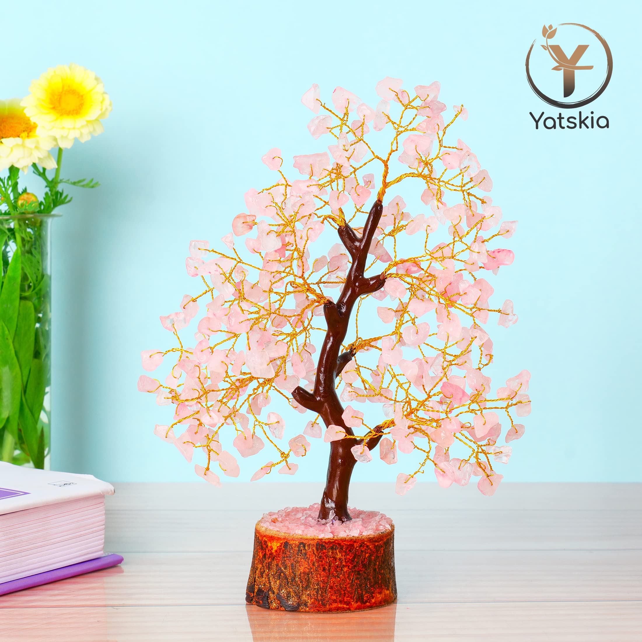 YATSKIA Rose Quartz Tree - Chakra Healing Crystal Tree of Life with Good Luck Stones, Positive Energy Home Decor Gift for Meditation, Feng Shui & Spiritual Healing (6 inch)