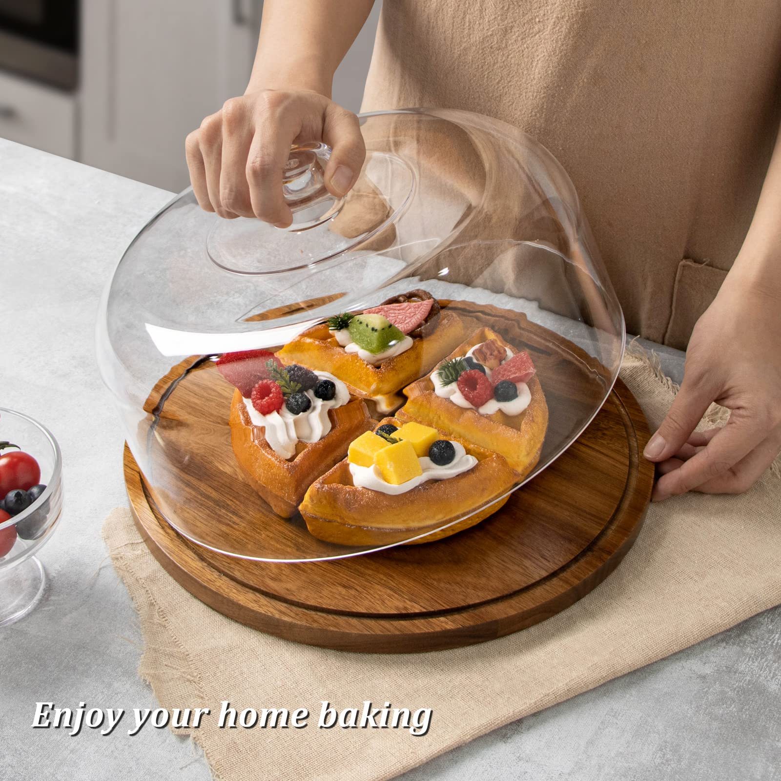 ANBOXIT Acacia Wood Cake Stand with Dome Lid - 10 Inch Wooden Cake Plate with Clear Acrylic Cover for Display & Protection - Perfect for Wedding, Birthday, Bakery Dessert Presentation