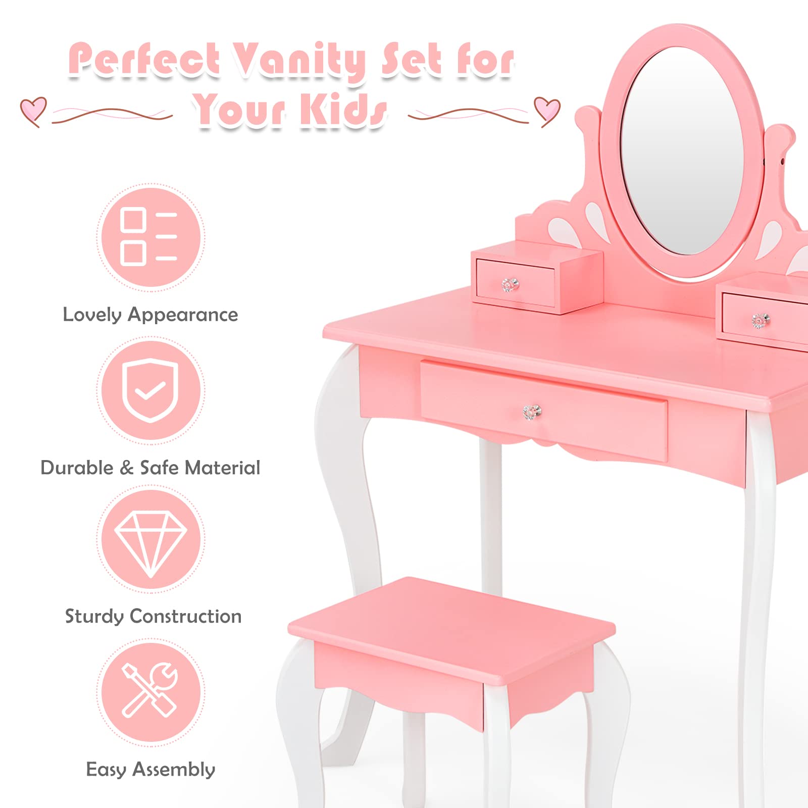 KOTEK 2-in-1 Wooden Princess Makeup Vanity Set with 360° Rotating Mirror, Detachable Top & Storage Drawers - Pink Kids Dressing Table with Stool for Girls | Pretend Play, Birthday Gift, Bedroom Decor, Toddler Room Furniture