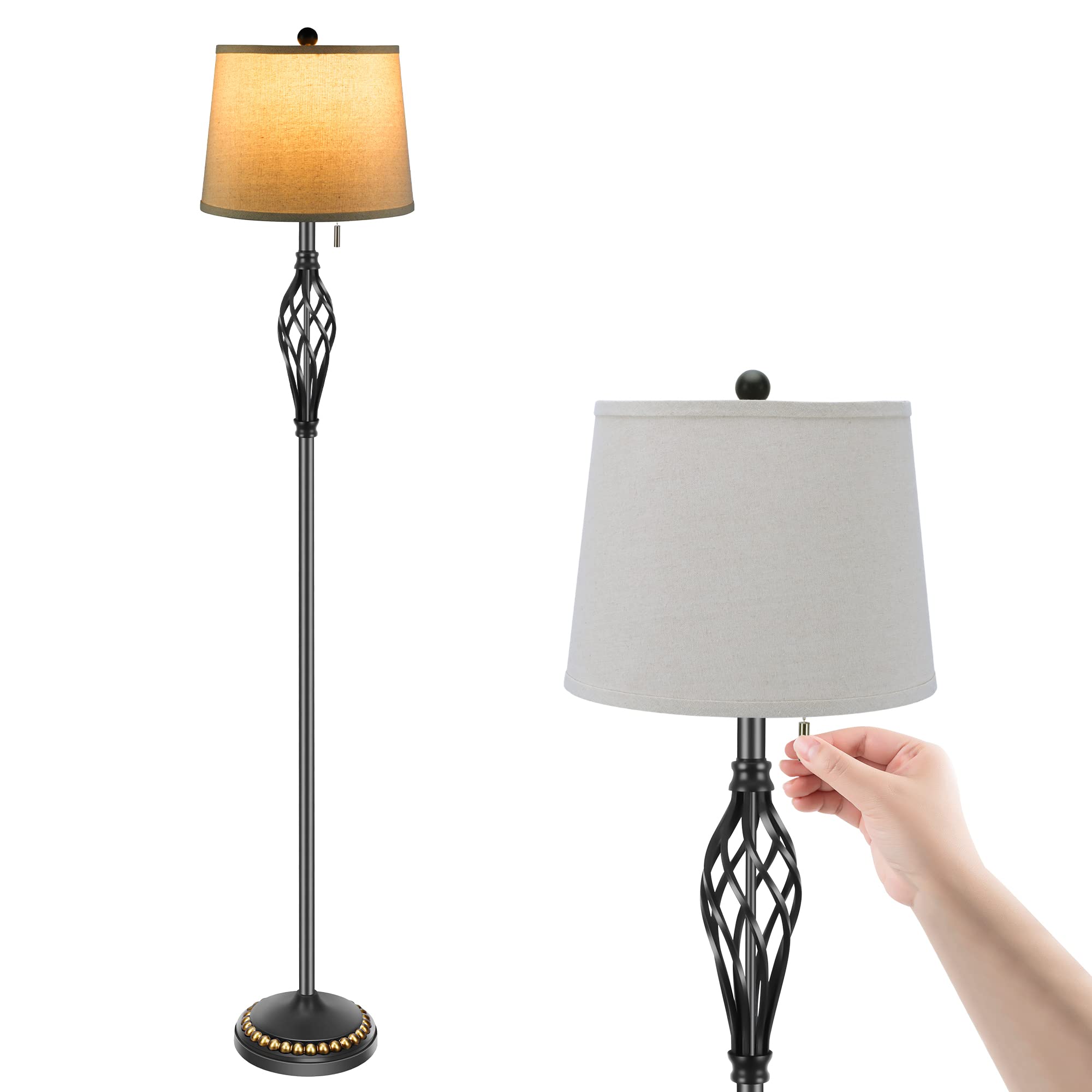 Vintage Black Hand-Painted Floor Lamp with Drum Fabric Shade - Rustic Tall Standing Corner Lamp for Living Room, Bedroom & Office - Pull Chain Switch - Perfect for Reading Nook, Home Office Lighting & Cozy Living Spaces