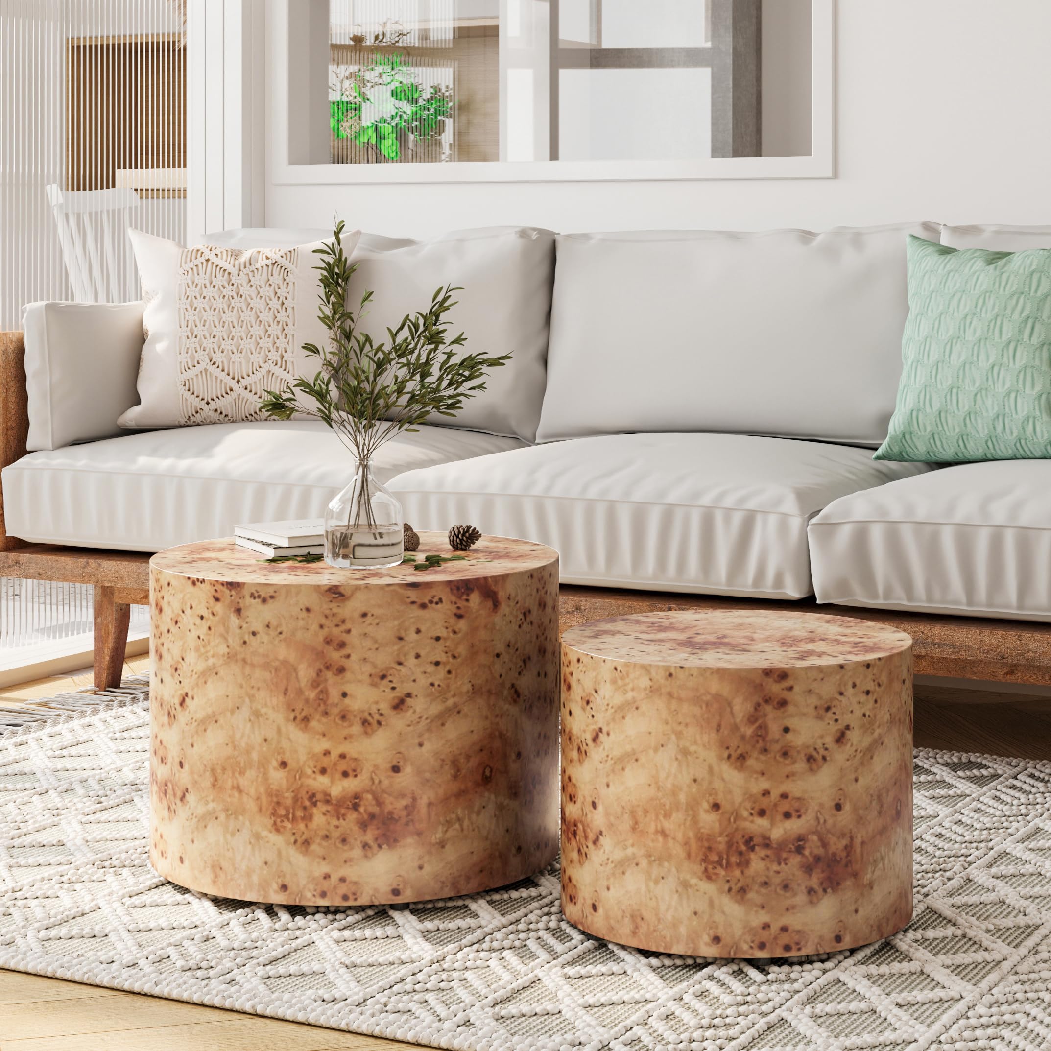 JUSTONE 2-Piece Nesting Coffee Table Set - Modern Round Wooden Side Tables for Living Room, Bedroom, Balcony, Lounge & Home Office - No Assembly Required - Natural Burl Finish - Perfect for Small Spaces & Stylish Home Decor