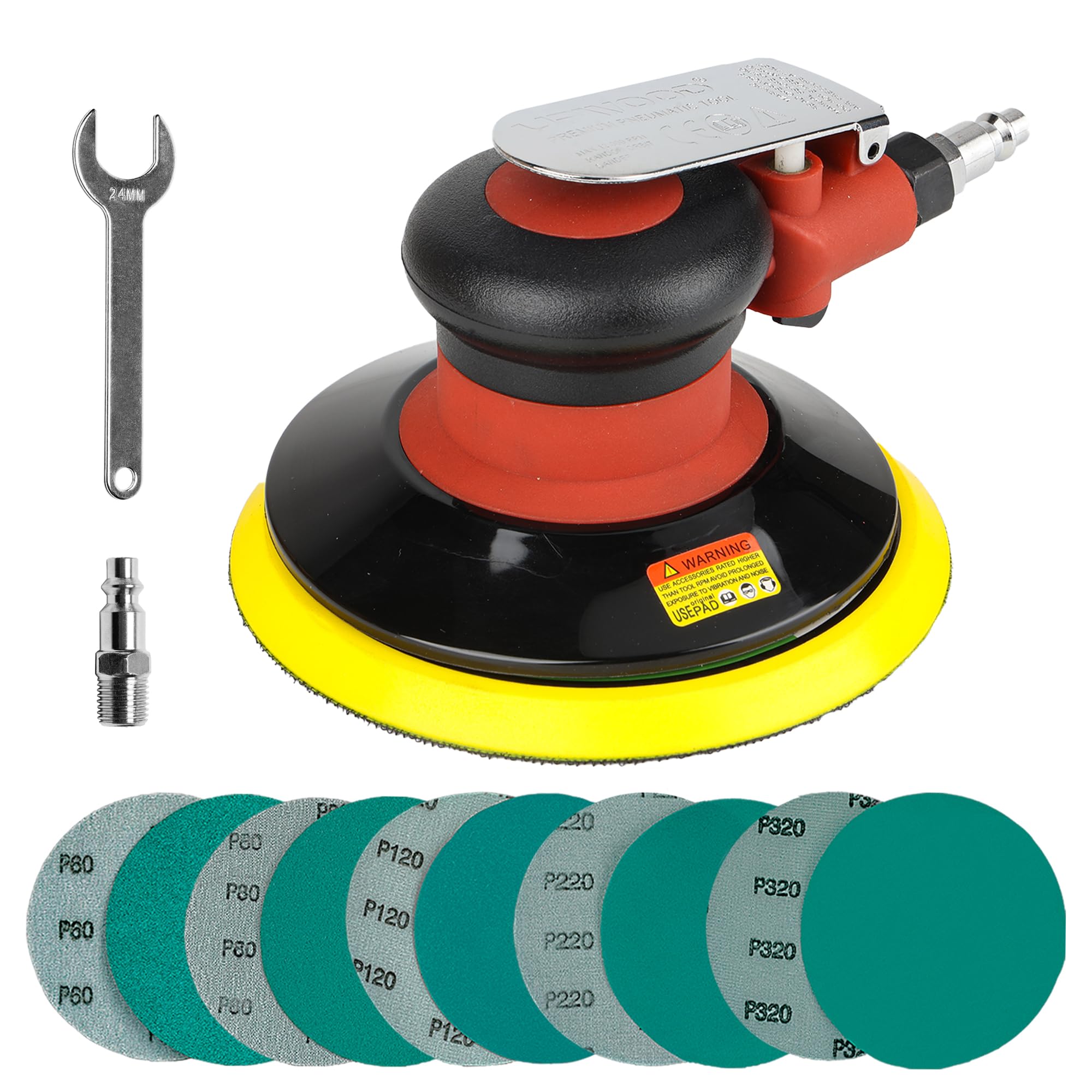 UPWOOD 6-Inch Heavy Duty Air Random Orbital Sander - Pneumatic Palm Sander with 10 Sandpapers for Auto Body, Woodworking, Metal & Composite Projects - Perfect for DIY, Furniture Refinishing & Automotive Repair