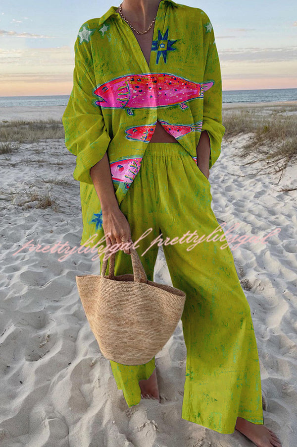 Stylish Exotic Fish Print Oversized Shirt & Elastic Waist Pocket Pants Set - Comfortable Loungewear for Home, Beach & Vacation Outfits