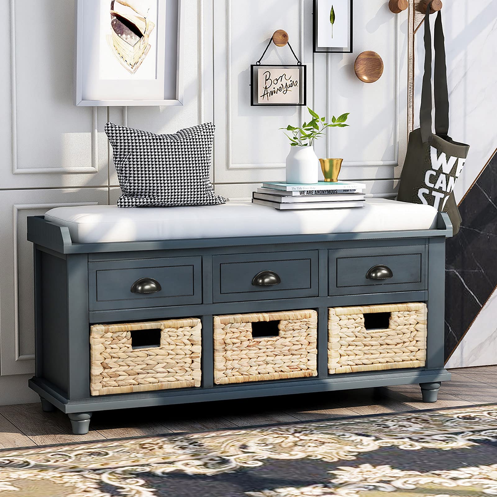 Rustic Solid Wood Entryway Bench with 3 Drawers & Rattan Baskets - Shoe Storage Bench with Removable Cushion for Living Room, Hallway, Bedroom - Easy Assembly Antique Navy Home Decor for Entryways & Mudrooms