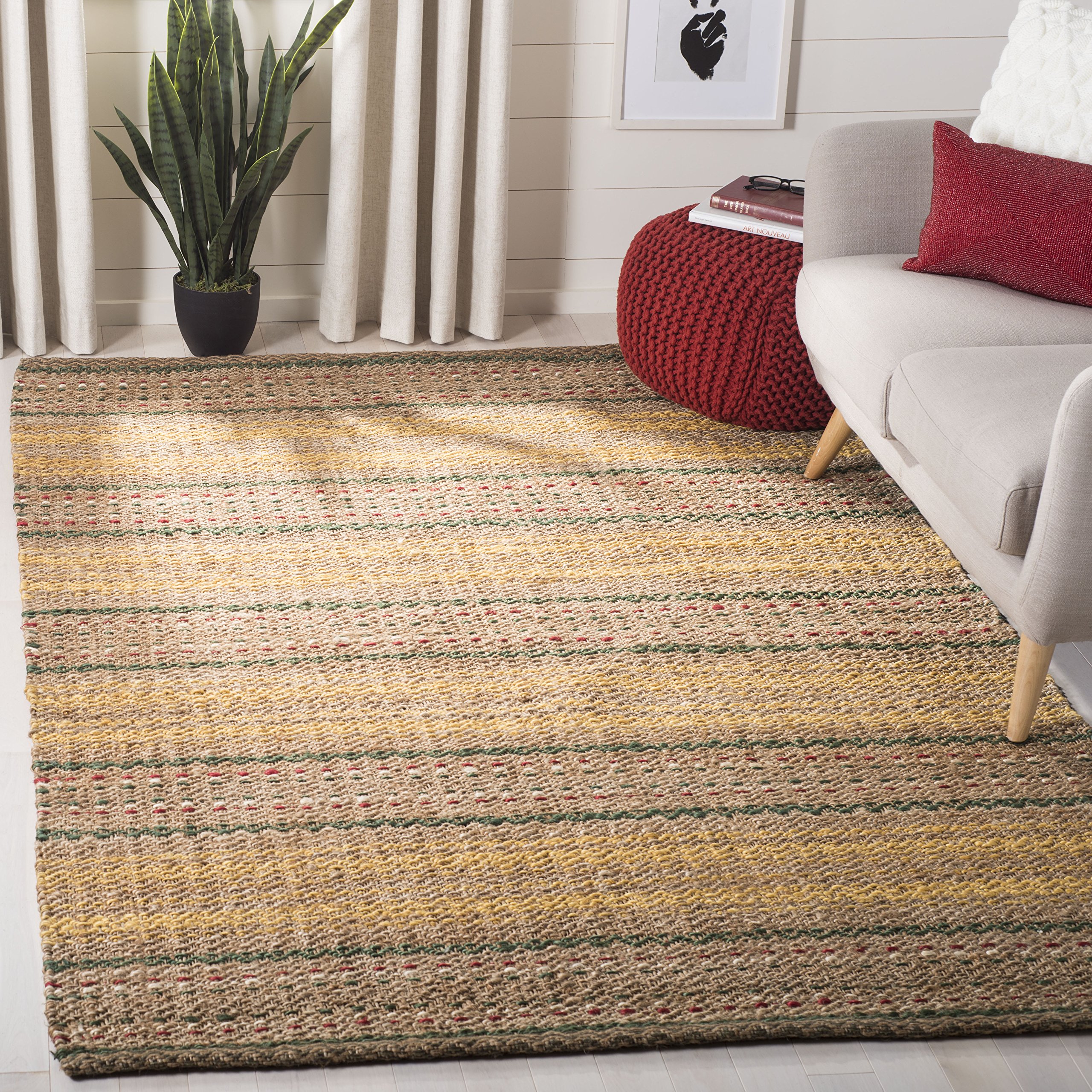SAFAVIEH Natural Fiber Collection Handmade Jute Area Rug - 8' x 10', Natural & Gold Striped, Eco-Friendly Floor Mat for High Traffic Living Room, Bedroom, Dining Room & Office (NF202B) | Boho Chic Home Decor, Farmhouse Style Accent Rug