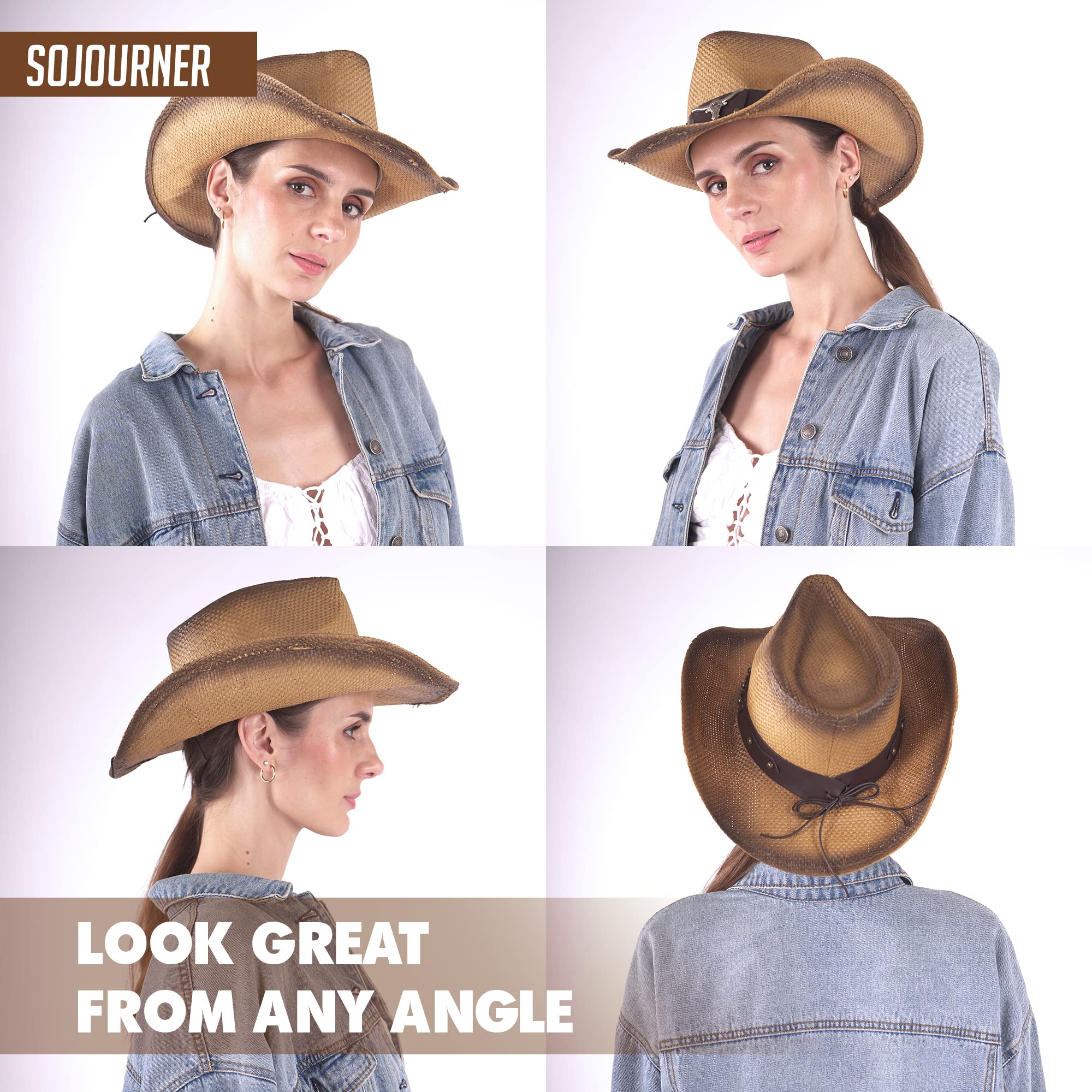 SoJourner Adjustable Cowboy Hat for Men & Women - Wide Brim Western Cowgirl Hat for Sun Protection | Perfect for Rodeo, Country Music Festivals & Outdoor Adventures