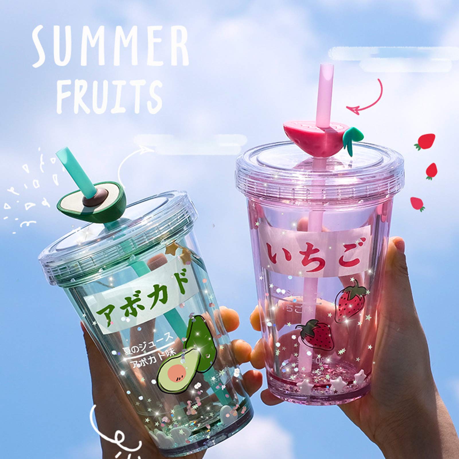 450ml Straw Water Bottle with Cartoon Pattern - BPA-Free Plastic Reusable Drinking Cup for Kids, School, Gym & Outdoor Activities - Pink