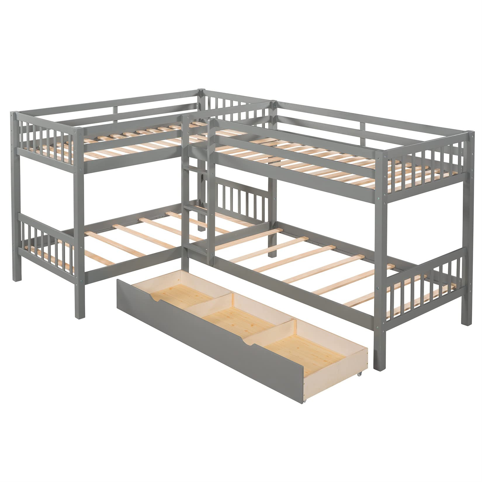 L-Shaped Bunk Bed with Storage Drawers - Twin Over Twin Quad Bunk Bed for Kids, Teens, Boys & Girls - Sturdy Wooden Frame in Gray - Perfect for Small Bedrooms, Shared Kids Rooms & Vacation Homes