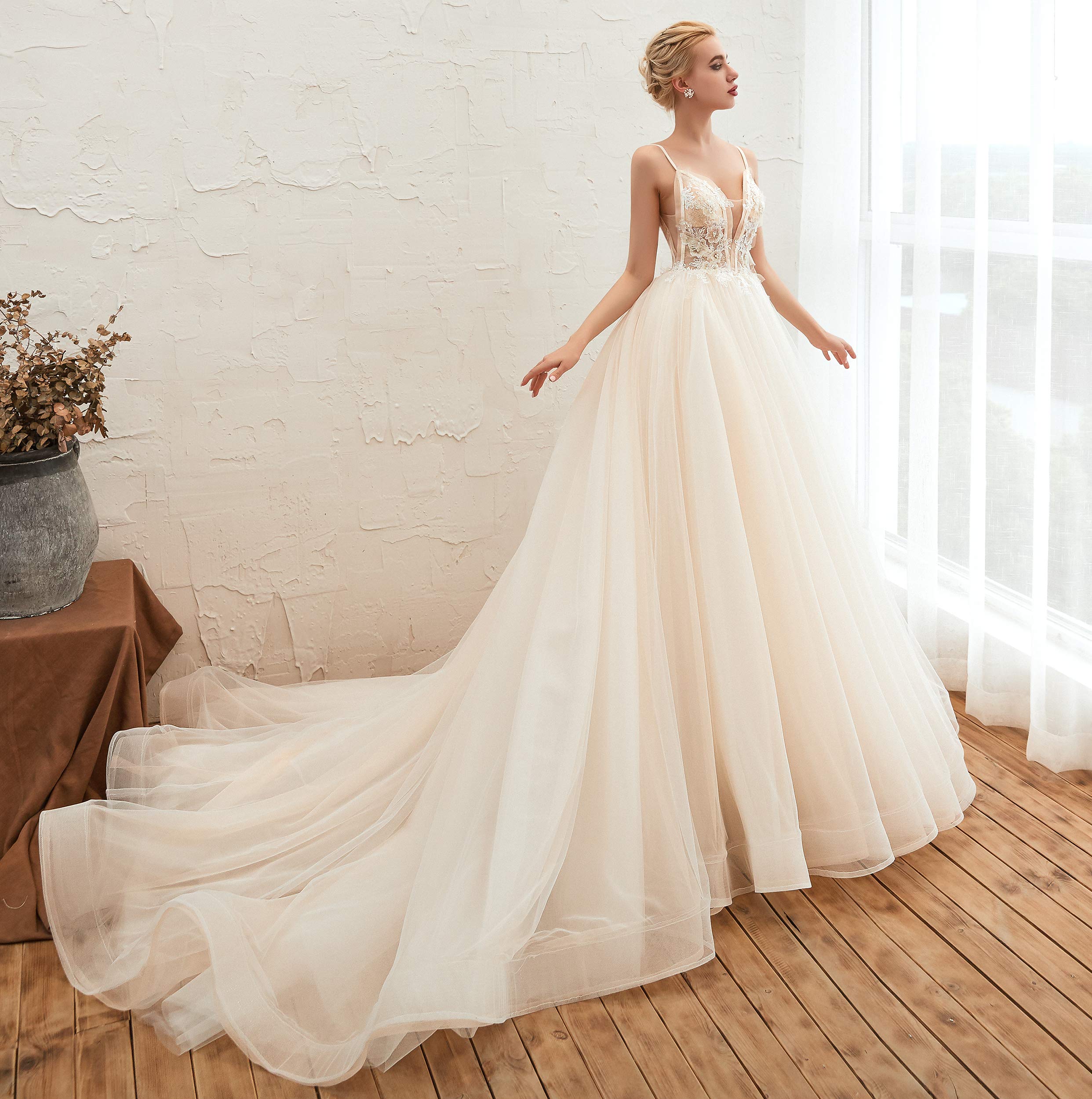 Elegant Women's Spaghetti Straps Beaded Applique Tulle Beach Wedding Dress - Perfect for Beach Ceremonies, Destination Weddings & Summer Bridal Gowns